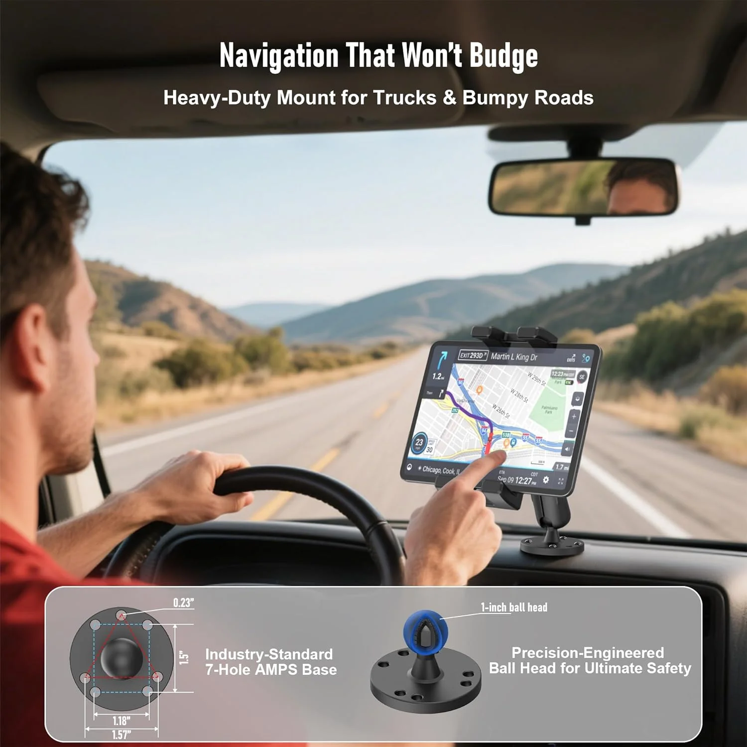 پایه تبلت صنعتی برای کامیون و خودرو، پایه نگهدارنده تبلت با بازوی آلومینیومی قابل تنظیم، سازگار با دستگاه های 4.7 تا 12.9 اینچی، مناسب برای داشبورد، قایق، دیوار - مشکی