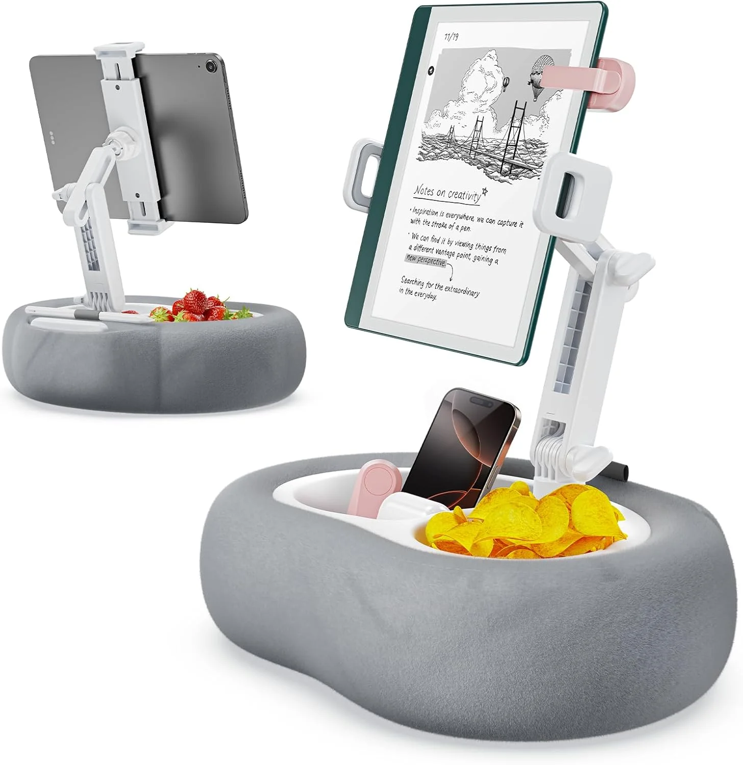 پایه نگهدارنده تبلت و کتاب با دو سینی، مناسب برای تلفن/تبلت/کتابخوان 4 تا 13 اینچی، پایه نگهدارنده آیپد برای تخت با پارچه نرم و لوازم جانبی خواندن، خاکستری