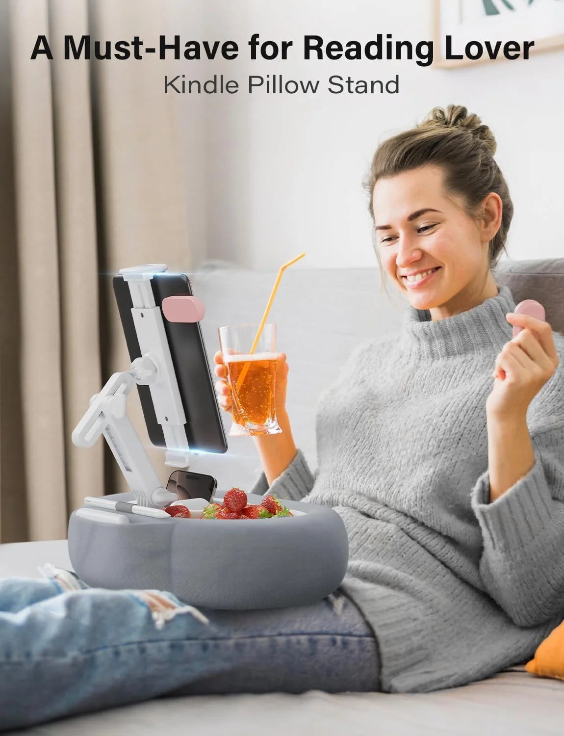 پایه نگهدارنده تبلت و کتاب با دو سینی، مناسب برای تلفن/تبلت/کتابخوان 4 تا 13 اینچی، پایه نگهدارنده آیپد برای تخت با پارچه نرم و لوازم جانبی خواندن، خاکستری