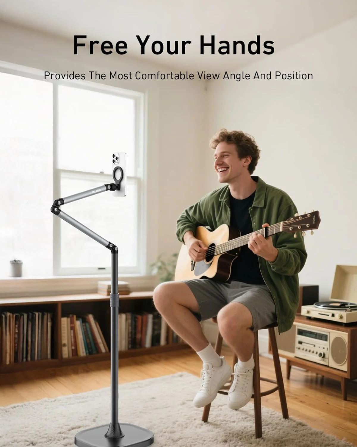 پایه نگهدارنده مغناطیسی گوشی و تبلت TELESIN°، پایه نگهدارنده گوشی آلیاژ آلومینیوم برای ضبط ویدیو، پایه گوشی تخت/مبل با قابلیت تنظیم ارتفاع و پایه فوق العاده پایدار برای گوشی/اندروید/آیپد