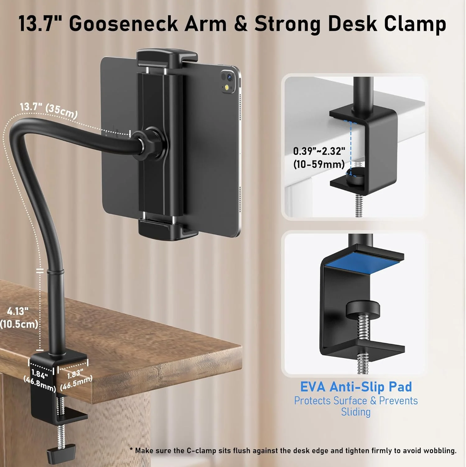 پایه تبلت برای میز، نگهدارنده گردن غازی آیپد با گیره، بازوی قابل تنظیم 360 درجه برای آیپد پرو/ایر/مینی، کیندل فایر، گلکسی تب، تبلت های 4.7 تا 13.5 اینچی، برای آشپزخانه، کار، تماس تصویری، تخت