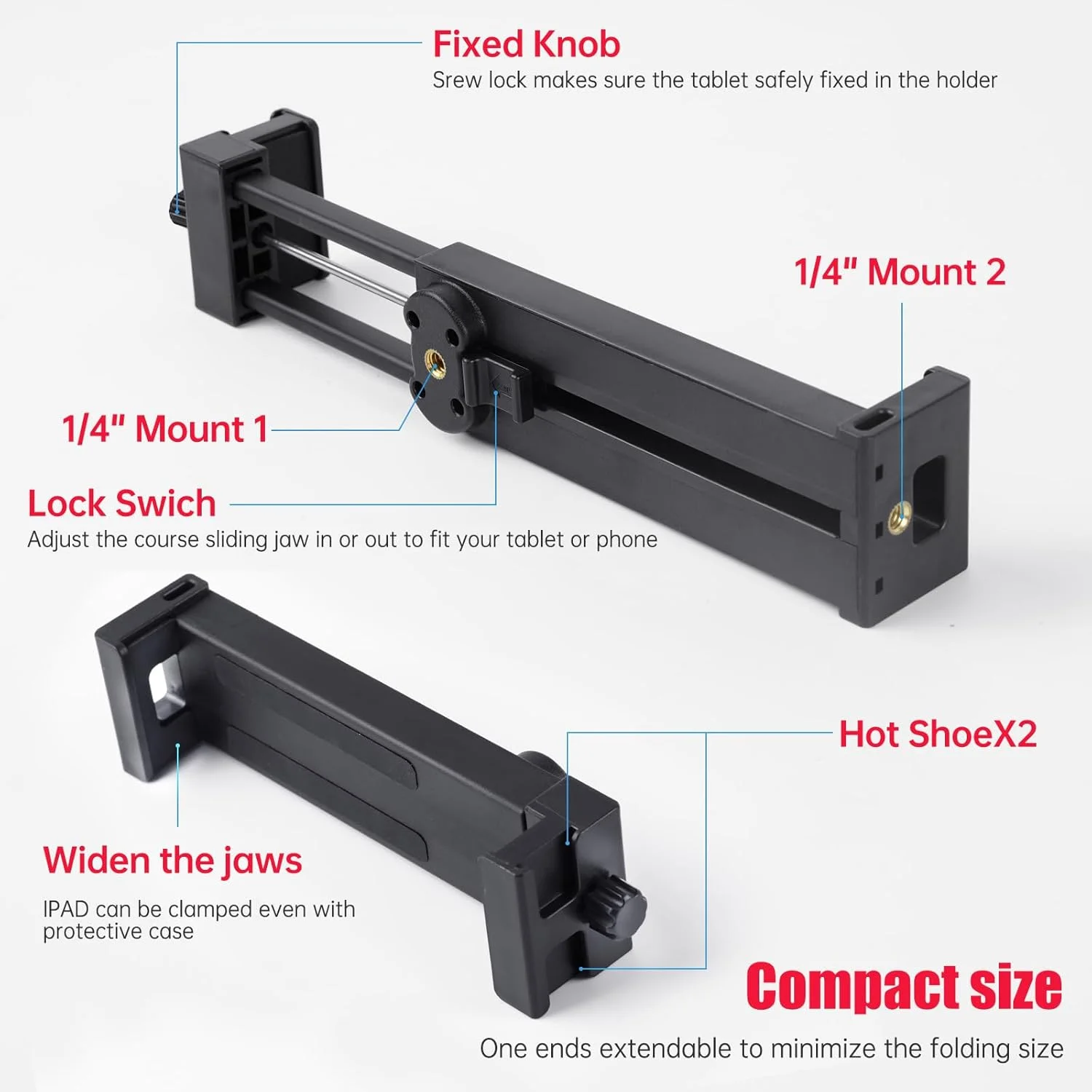 آداپتور پایه سه پایه قابل تنظیم برای آیپد و تلفن با سر توپی 360 درجه، گیره آیپد با سوراخ های پیچ 1/4 اینچی، نگهدارنده آیپد برای سه پایه مناسب برای اکثر اندازه های تلفن و تبلت - مشکی