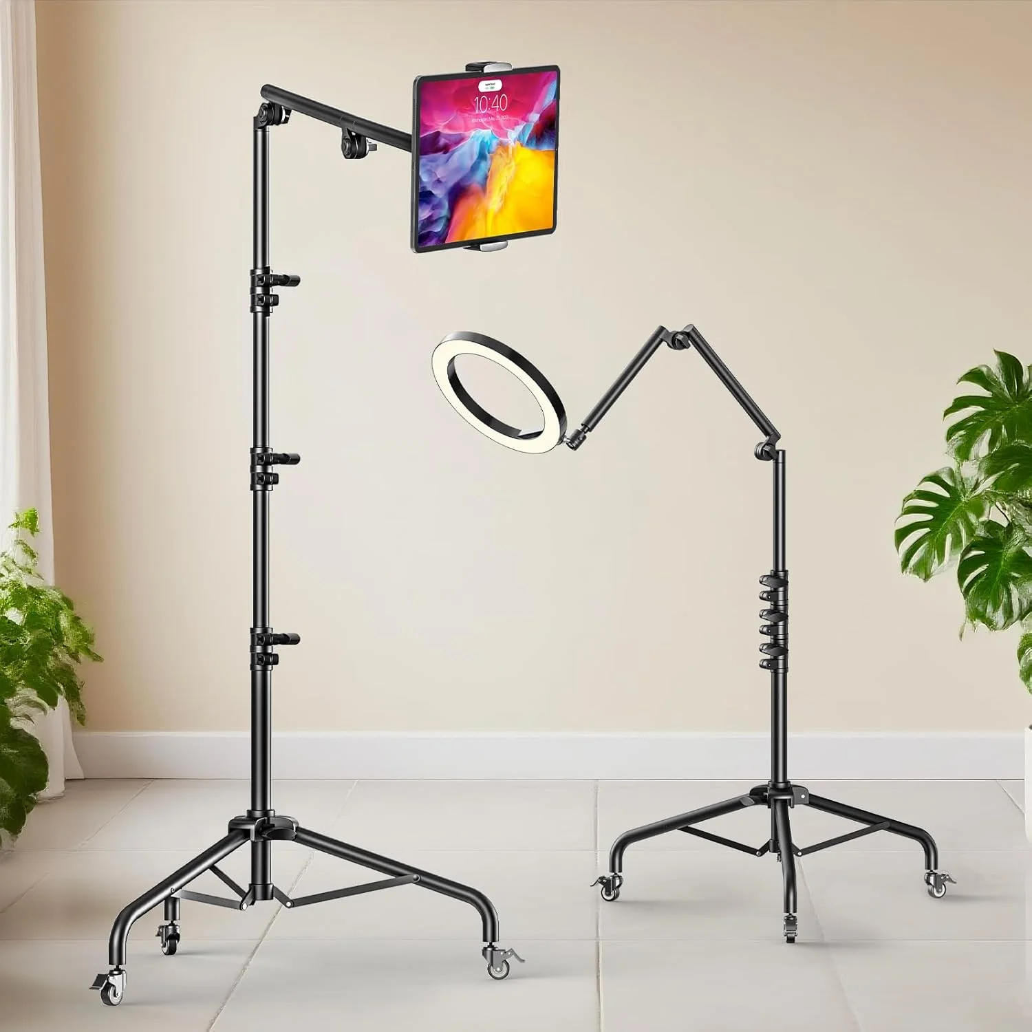 پایه رومیزی چرخ دار تبلت، سه پایه نگهدارنده تبلت برای رینگ لایت/آیپد/تلفن/میکروفون/دوربین DSLR، پیچ 1/4'' 3/8'' 5/8''، سر توپی، بازوی مفصلی جداشدنی 3 قسمتی