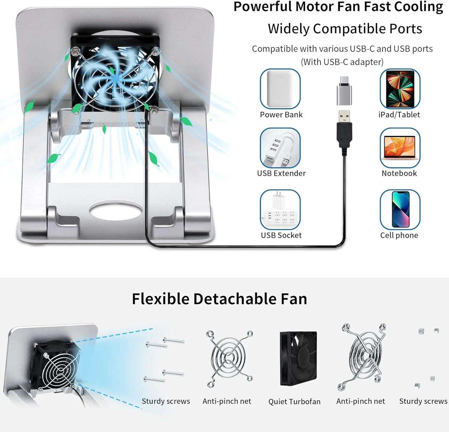پایه نگهدارنده تبلت و مانیتور قابل حمل تاشو آلومینیومی مقاوم TACOMEGE (همراه با فن خنک کننده) مناسب برای آیپد، تبلت سامسونگ، سرفیس پرو