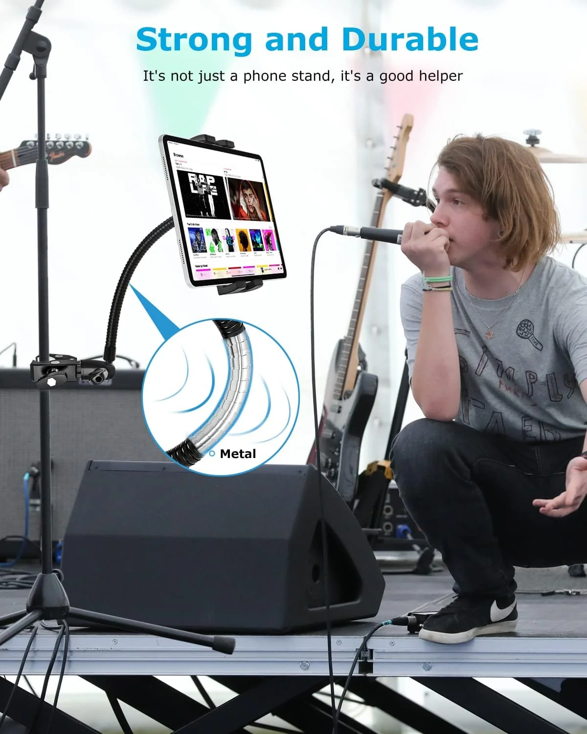 پایه نگهدارنده تبلت گردن غازی، نگهدارنده گوشی و آیپد وولیی برای پایه میکروفون [گیره بازوی فلزی] چرخش 360 درجه، سازگار با آیپد پرو 12.9 ایر مینی، آیفون، تبلت های گلکسی، دستگاه های 4-13 اینچی