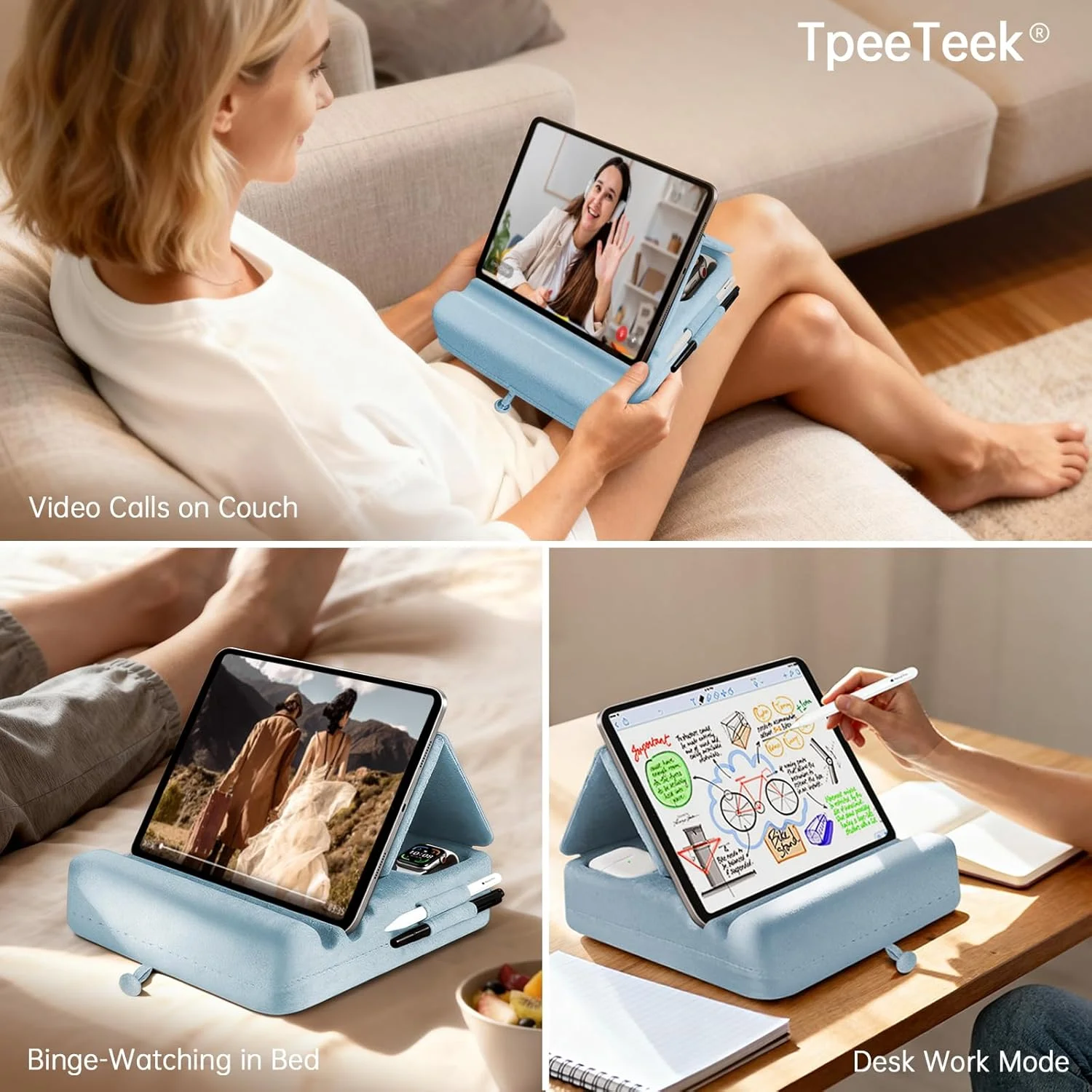 پایه نگهدارنده تبلت با محفظه ذخیره سازی، هولدر تاشو آیپد برای لپ تاپ، تخت، مبل و میز - پایه نرم با جیب و محل قرارگیری قلم سازگار با آیپد پرو/ایر/مینی 4-13 اینچی، گلکسی تب، کیندل، کتابخوان الکترونیکی