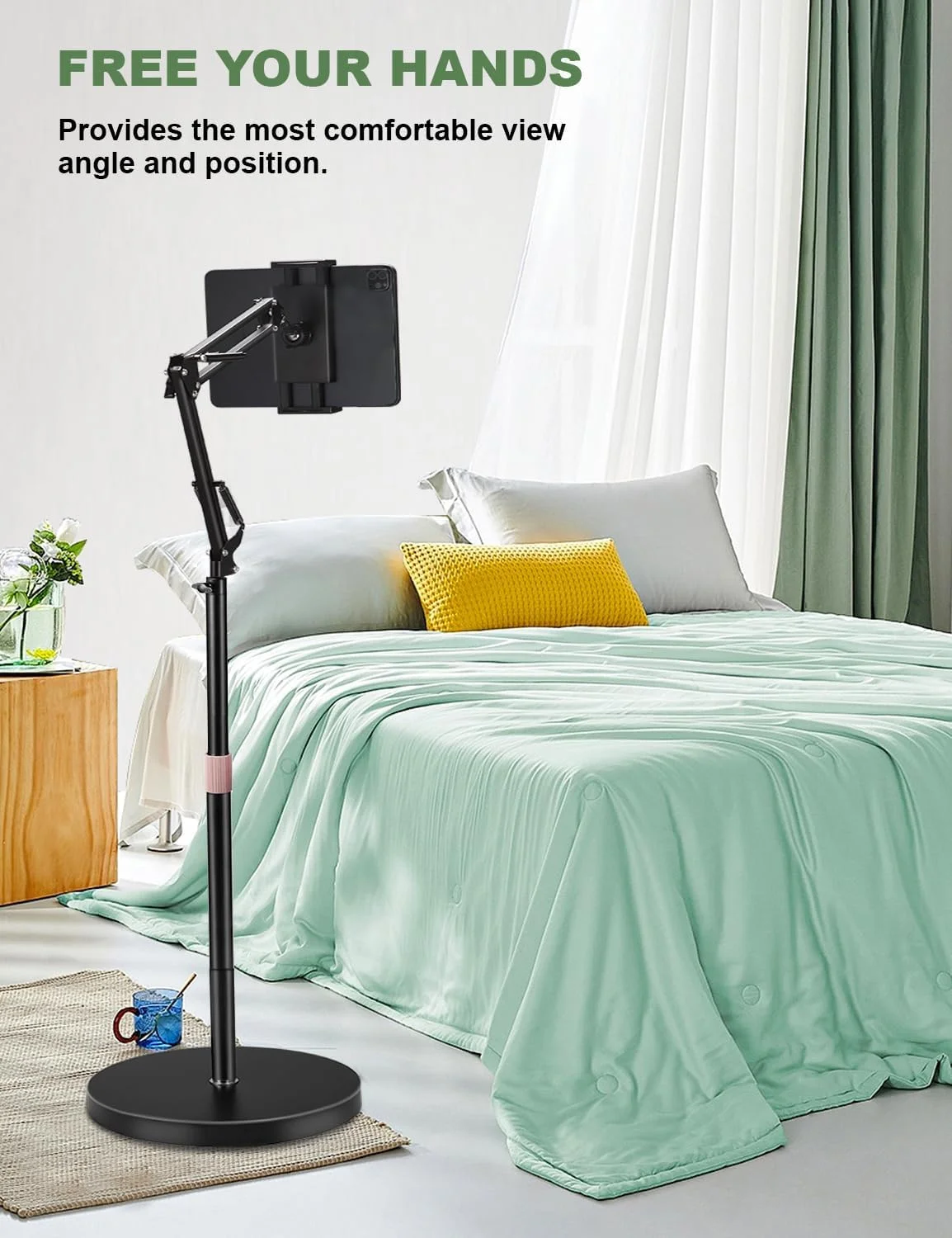 پایه نگهدارنده تبلت، پایه تلفن بالای تخت با پایه فوق العاده پایدار 4 کیلوگرمی و قابل تنظیم زاویه/ارتفاع، سازگار با آیفون، آیپد پرو 12.9، گلکسی تب، کیندل، تلفن های 4.5 تا 13 اینچی