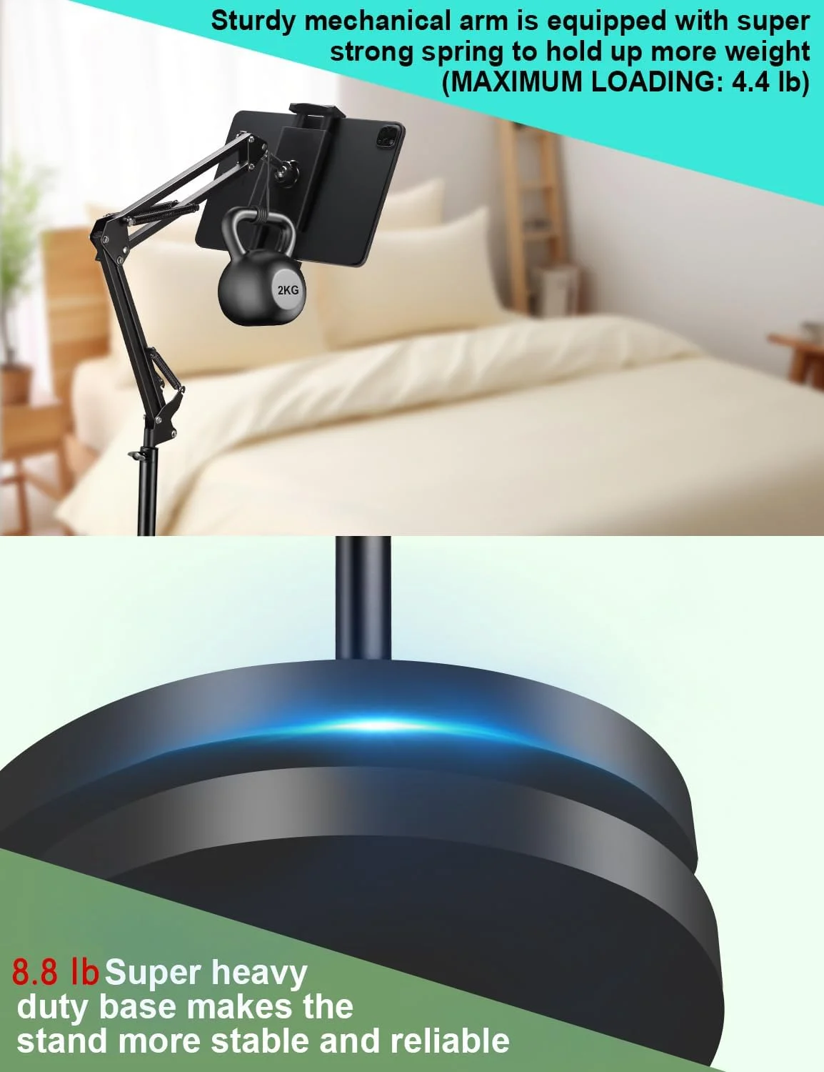 پایه نگهدارنده تبلت، پایه تلفن بالای تخت با پایه فوق العاده پایدار 4 کیلوگرمی و قابل تنظیم زاویه/ارتفاع، سازگار با آیفون، آیپد پرو 12.9، گلکسی تب، کیندل، تلفن های 4.5 تا 13 اینچی