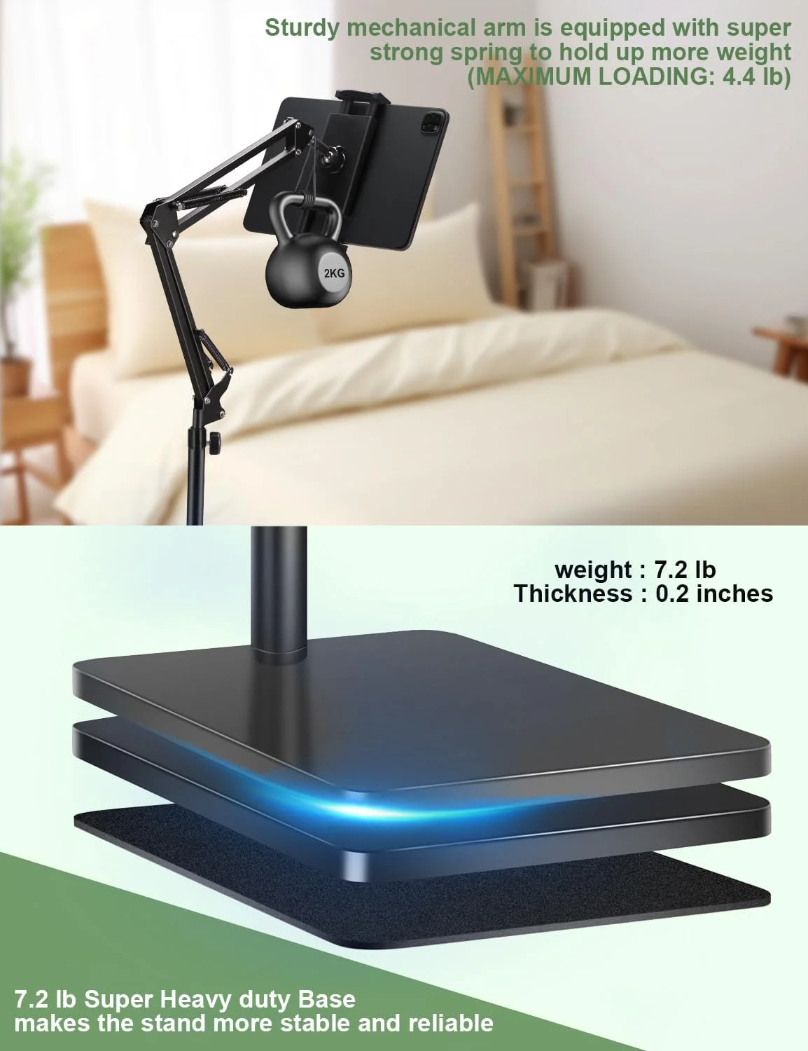 پایه نگهدارنده تبلت با پایه سنگین 3.3 کیلوگرمی، بازوی قابل تنظیم ارتفاع و کشش، سازگار با آیپد مینی ایر پرو، گلکسی تب، کیندل، سوییچ، تلفن های همراه