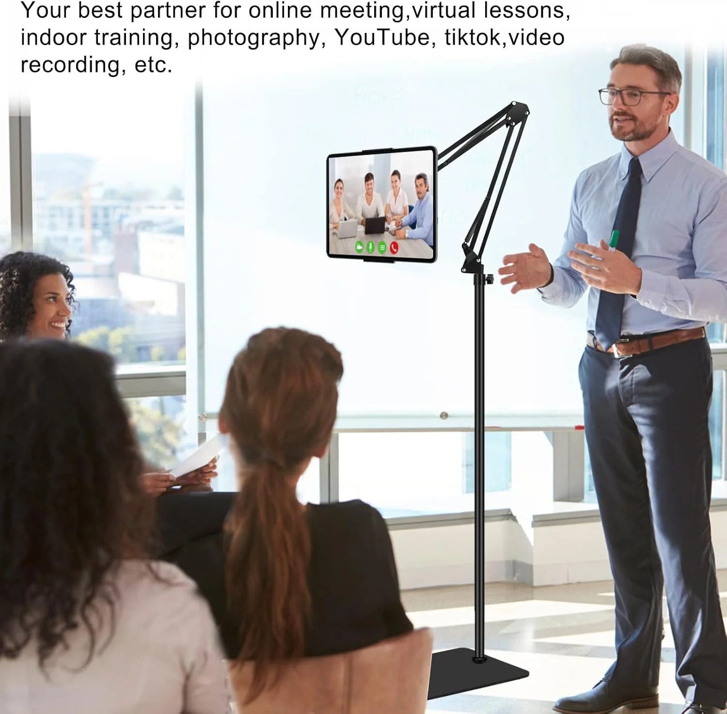 پایه نگهدارنده تبلت با پایه وزنی دوبل، پایه نگهدارنده گوشی بالای تخت با قابلیت تنظیم ارتفاع/ بازوی کششی، سازگار با آیفون، آیپد، گلکسی تب، کیندل یا سایر گوشی های 4.5 تا 13 اینچی