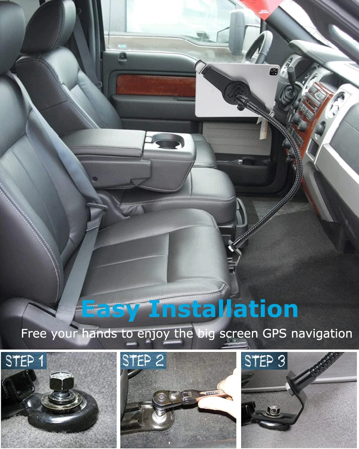 پایه تبلت گردن غازی صندلی خودرو/کامیون وولیی، نگهدارنده تبلت بازوی بلند مقاوم برای خودرو، سازگار با پیچ و مهره کف خودرو مناسب برای آیپد پرو ۱۳/ایر، تبلت های گلکسی، سرفیس پرو/گو، تبلت های ۹.۵-۱۴.۵ اینچی