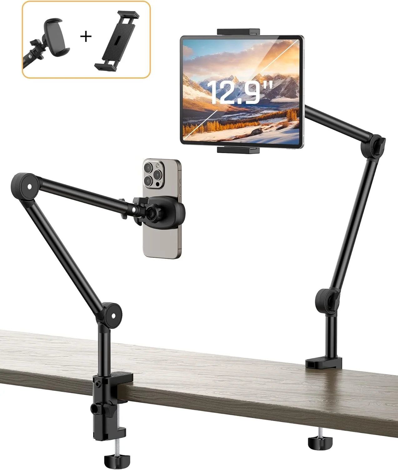 پایه نگهدارنده تبلت و گوشی یونیورسال - 2 گیره، پایه انعطاف پذیر برای میز - مناسب برای آیپد پرو مینی/ایر، آیفون 15 پرو و سایر دستگاه های 3.5 تا 12.9 اینچی