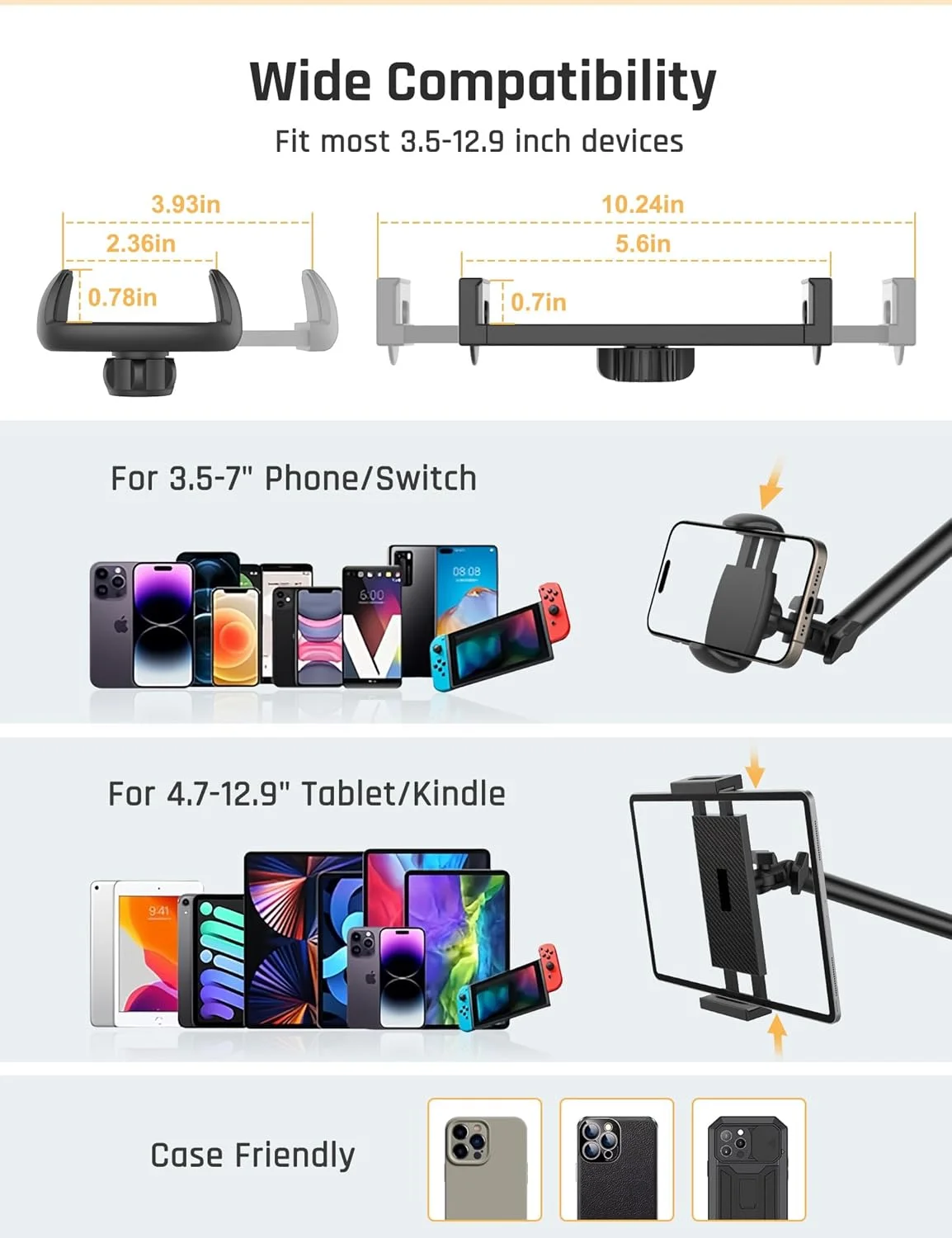 پایه نگهدارنده تبلت و گوشی یونیورسال - 2 گیره، پایه انعطاف پذیر برای میز - مناسب برای آیپد پرو مینی/ایر، آیفون 15 پرو و سایر دستگاه های 3.5 تا 12.9 اینچی