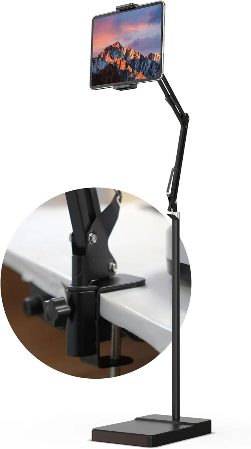 پایه نگهدارنده تبلت 2 در 1، قابل استفاده روی زمین و میز - پایه پایدار 3.6 کیلوگرمی با بازوی کشویی برای تخت، مبل یا میز، سازگار با آیپد، گلکسی تب، سرفیس پرو، تلفن و کتابخوان الکترونیکی (4.7 تا 12.9 اینچ)