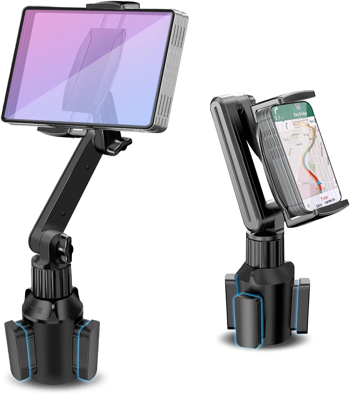 پایه نگهدارنده تبلت برای جا لیوانی خودرو، پایه 360 درجه دو مرحله ای 15 اینچی با گیره بزرگ با عمق 1.57 اینچ برای آیپد پرو 12.9/11/10.5/9.7/Air/Mini، سامسونگ گلکسی تب/Z Fold 6/5، آیفون 17/16 پرو، تبلت 4.7-12.9 اینچی