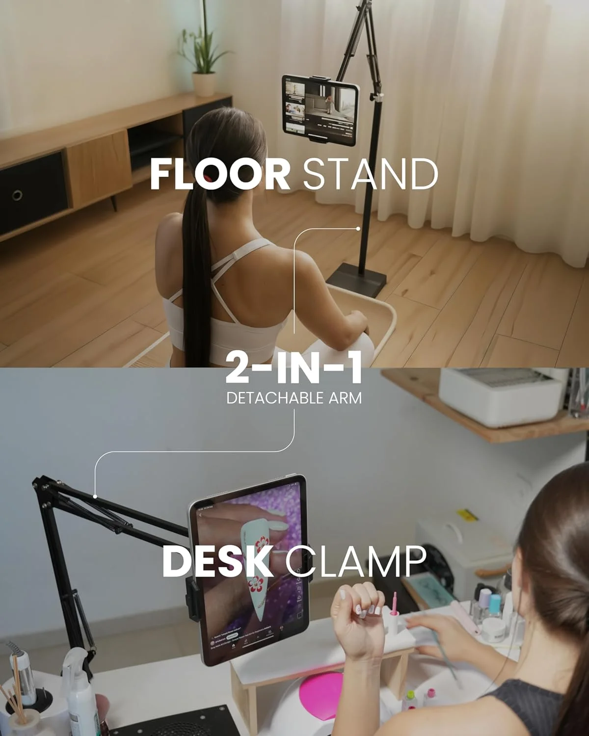 پایه نگهدارنده تبلت 2 در 1، قابل استفاده روی زمین و میز - پایه پایدار 3.6 کیلوگرمی با بازوی کشویی برای تخت، مبل یا میز، سازگار با آیپد، گلکسی تب، سرفیس پرو، تلفن و کتابخوان الکترونیکی (4.7 تا 12.9 اینچ)