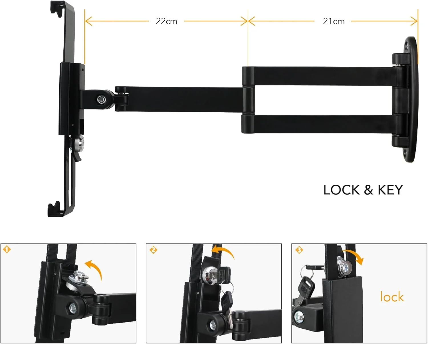 پایه دیواری تبلت، بازوی قابل تنظیم چرخان، قفل و کلید ضد سرقت، تاشو، چرخش 360 درجه، مشکی