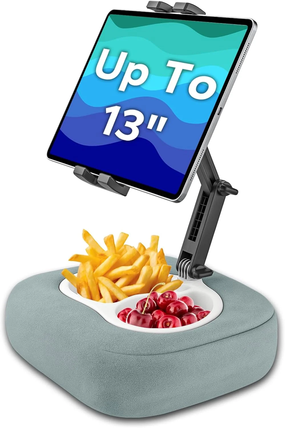 پایه نگهدارنده تبلت، هولدر بالشتی آیپد سازگار با تلفن/تبلت 4.7 تا 13 اینچی، کیندل، سامسونگ، هولدر تبلت قابل تنظیم 360 درجه برای تخت، دامان، مبل، با پارچه مخملی نرم و کاسه جداشدنی، خاکستری