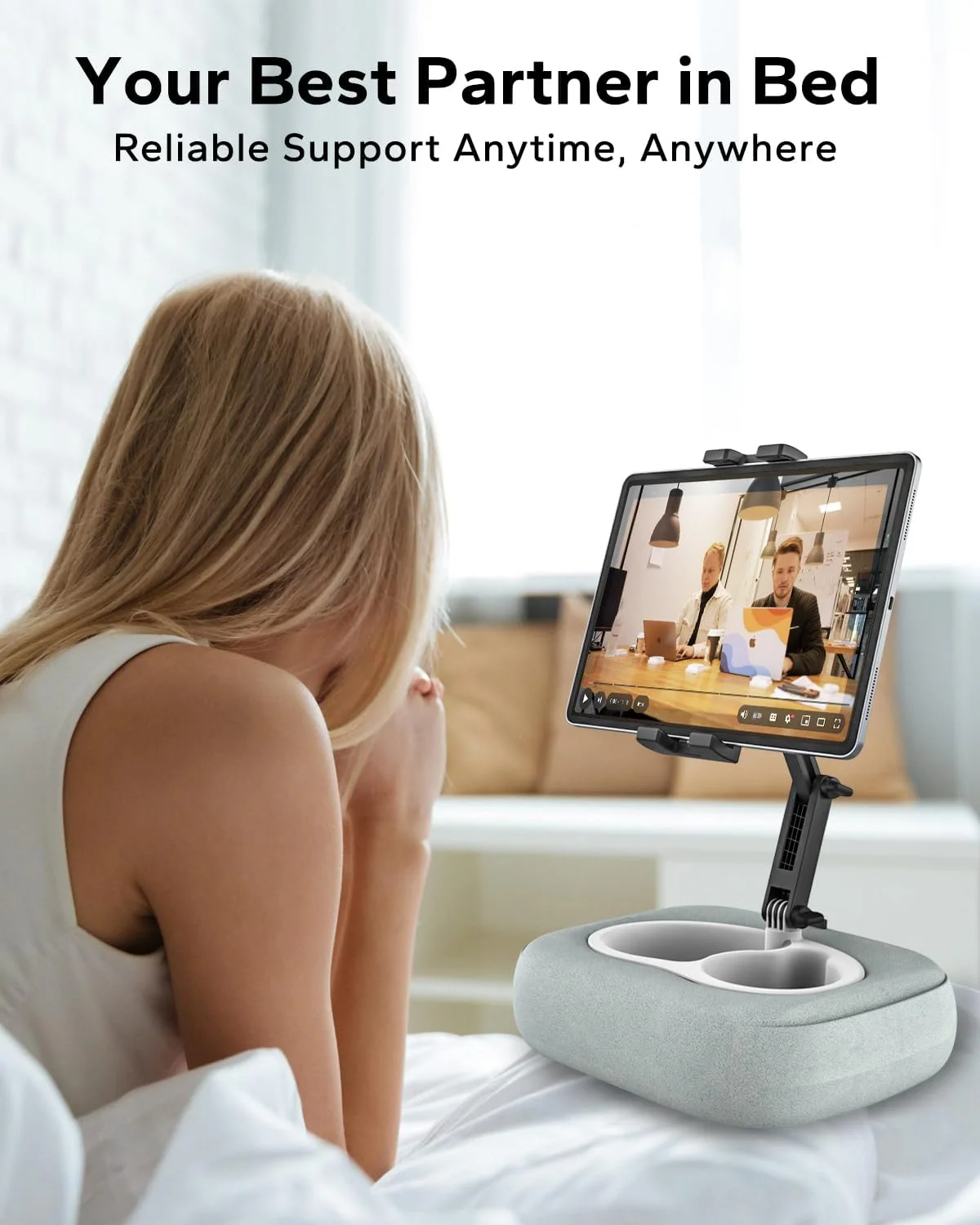 پایه نگهدارنده تبلت، هولدر بالشتی آیپد سازگار با تلفن/تبلت 4.7 تا 13 اینچی، کیندل، سامسونگ، هولدر تبلت قابل تنظیم 360 درجه برای تخت، دامان، مبل، با پارچه مخملی نرم و کاسه جداشدنی، خاکستری