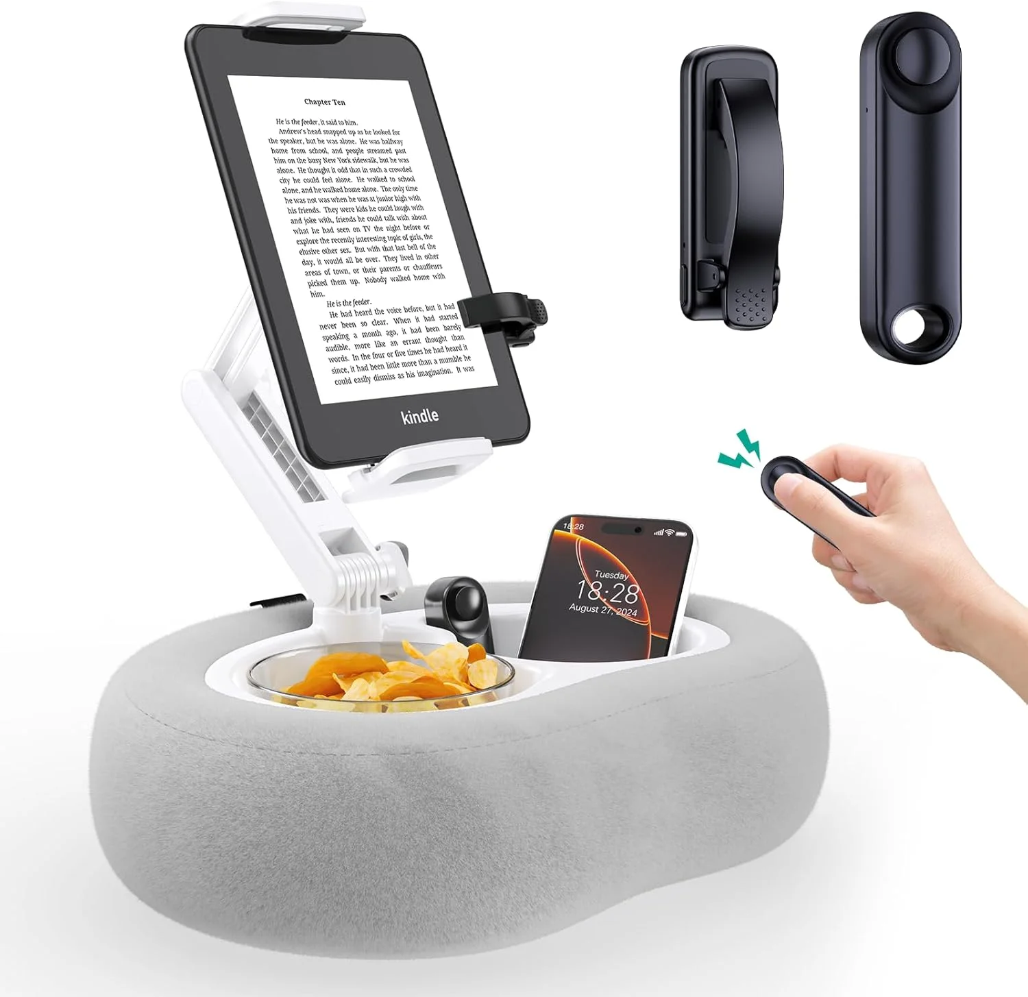 پایه نگهدارنده تبلت و کتابخوان با 2 سینی جداشدنی و بالش نرم مخملی + ریموت کنترل ورق زن برای کیندل - سازگار با دستگاه های 4.7 تا 13 اینچی برای کیندل، کوبو، آیپد، آیفون، اندروید؛ دارای ویژگی
