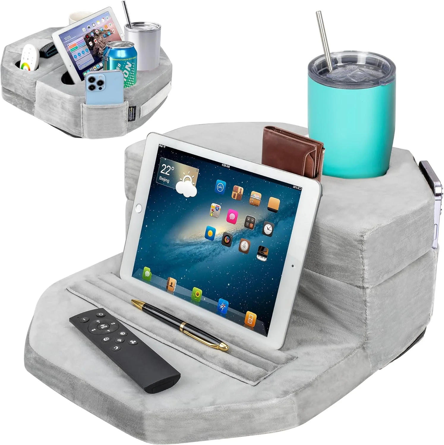 بالشت سینی نگهدارنده فنجان هشت ضلعی برای مبل، تخت، خودرو و خانه های سیار - مناسب نگهداری نوشیدنی، تنقلات، کنترل، تلفن، کتابخوان و تبلت (خاکستری)