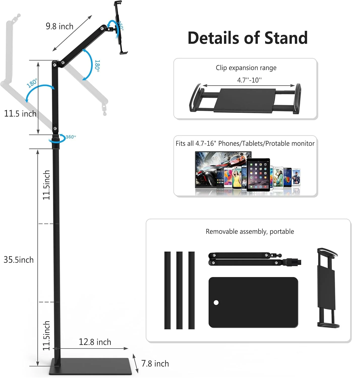 پایه نگهدارنده تبلت، پایه قابل تنظیم آیپد با پایه سنگین برای دستگاه‌های 4.7 تا 16 اینچی، سازگار با آیفون، آیپد پرو، ایر، مینی و تبلت