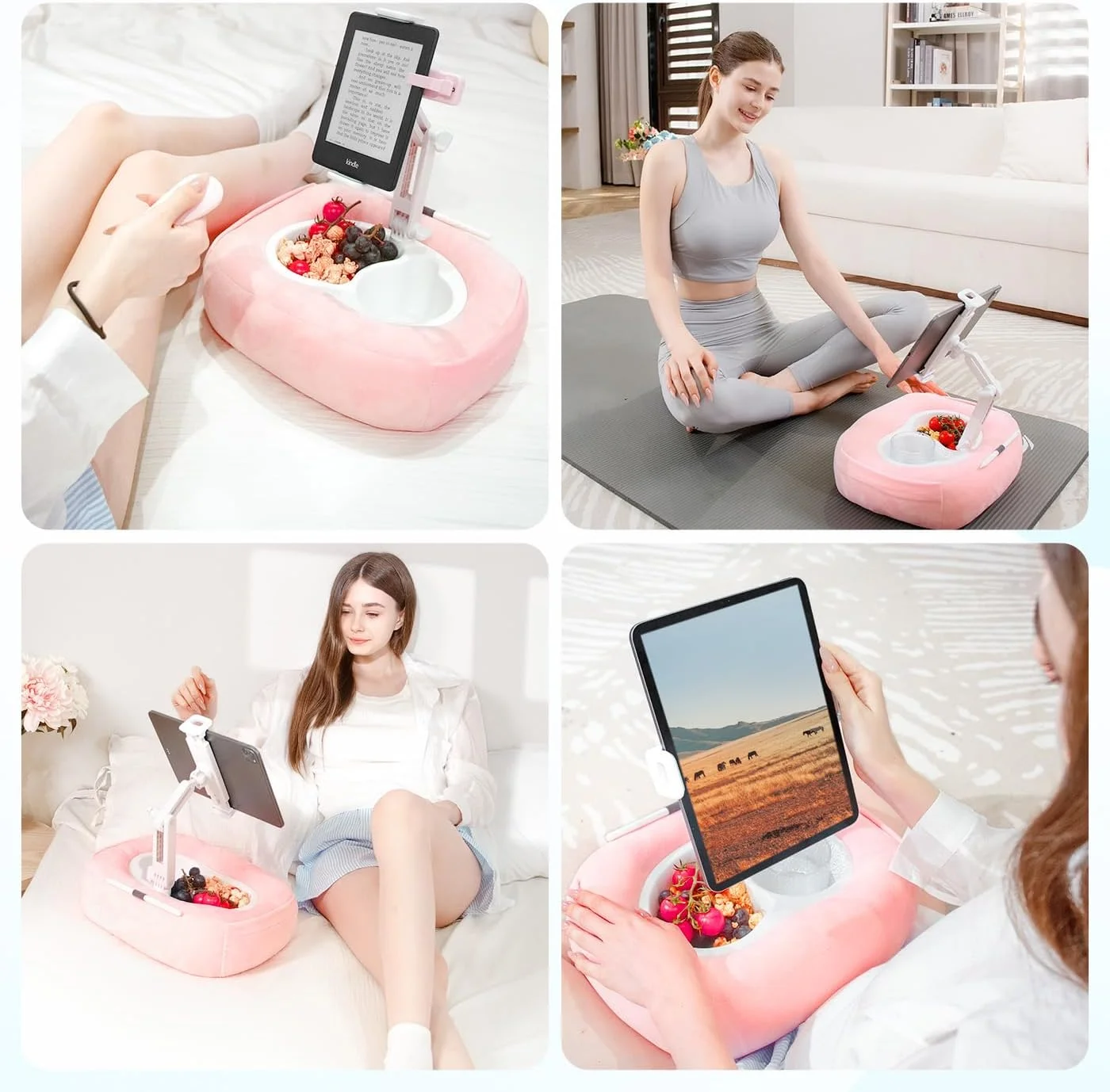 پایه نگهدارنده تبلت بالشتی، نگهدارنده قابل تنظیم کیندل با 2 کاسه تنقلات، پایه آیپد 360 درجه قابل تنظیم برای تخت با آیپد، کیندل، تلفن 4.7 تا 13 اینچی، هدیه ای برای لوازم جانبی مطالعه روی تخت، مبل، صورتی