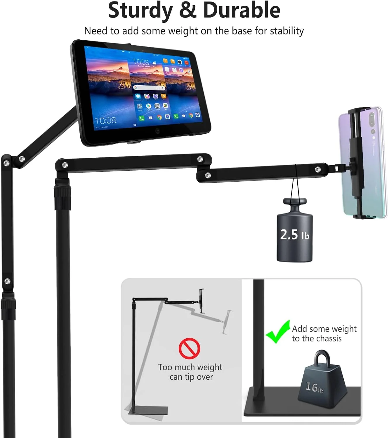 پایه نگهدارنده تبلت، پایه قابل تنظیم آیپد با پایه سنگین برای دستگاه‌های 4.7 تا 16 اینچی، سازگار با آیفون، آیپد پرو، ایر، مینی و تبلت