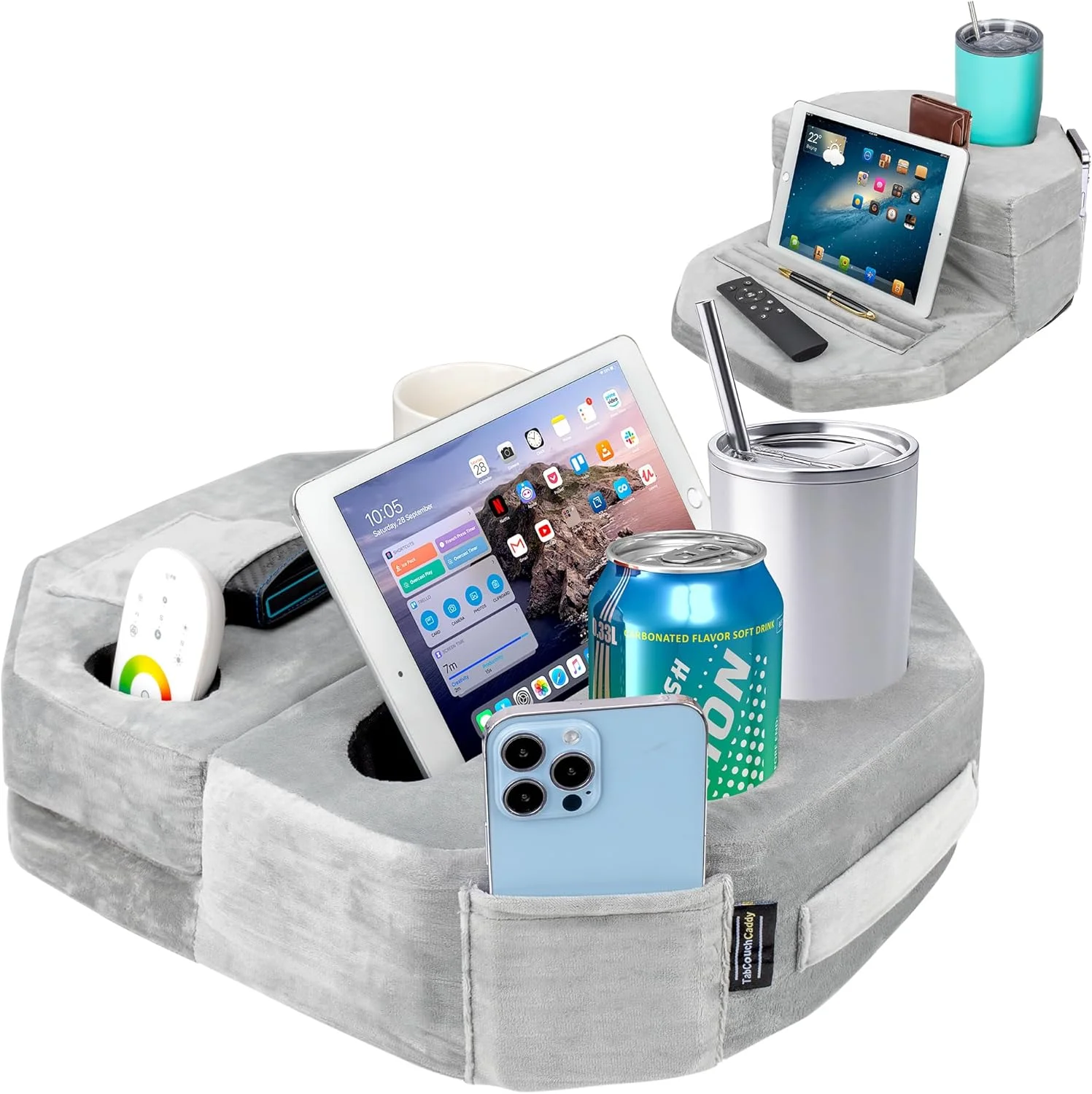 بالشت سینی نگهدارنده فنجان هشت ضلعی برای مبل، تخت، خودرو و خانه های سیار - مناسب نگهداری نوشیدنی، تنقلات، کنترل، تلفن، کتابخوان و تبلت (خاکستری)