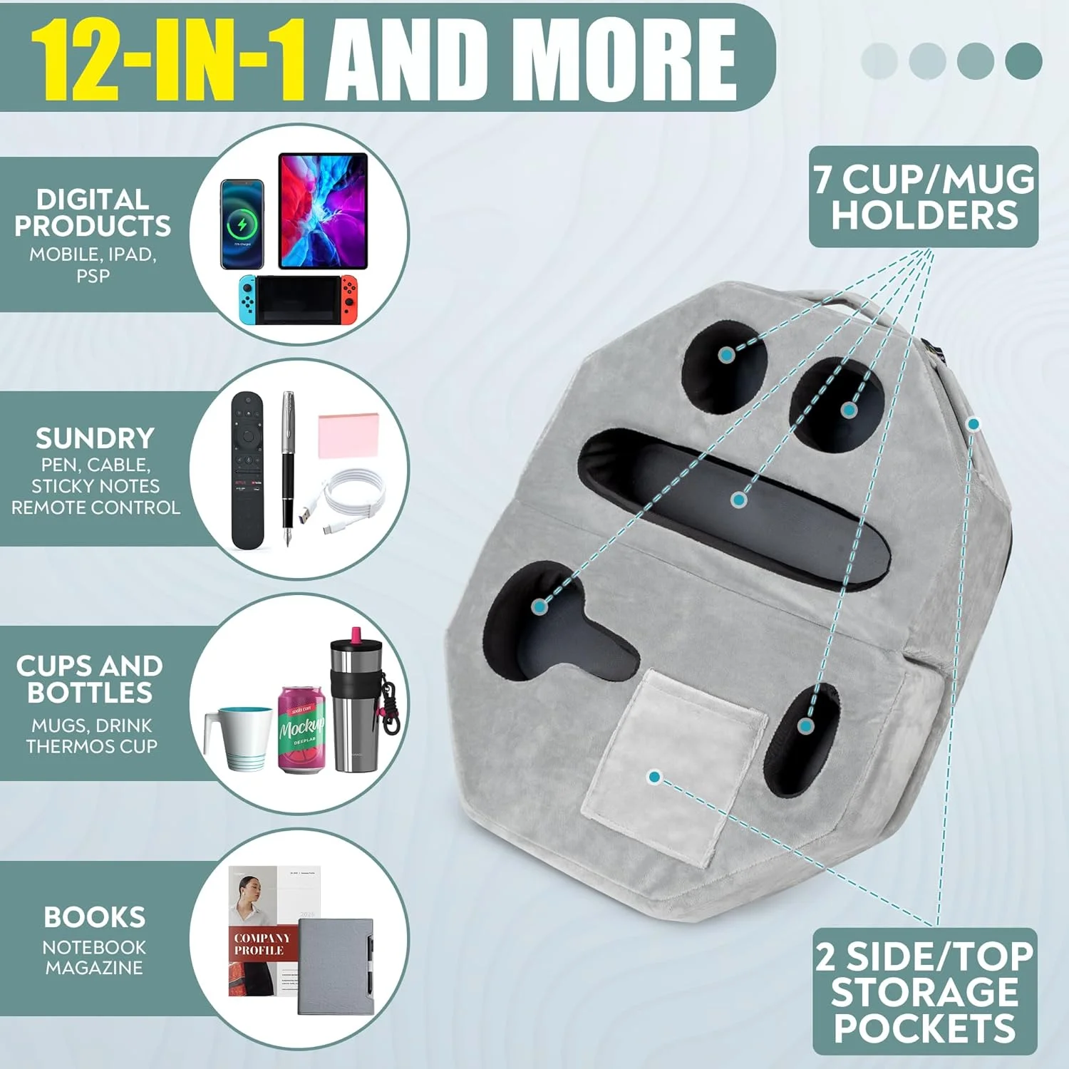 بالشت سینی نگهدارنده فنجان هشت ضلعی برای مبل، تخت، خودرو و خانه های سیار - مناسب نگهداری نوشیدنی، تنقلات، کنترل، تلفن، کتابخوان و تبلت (خاکستری)