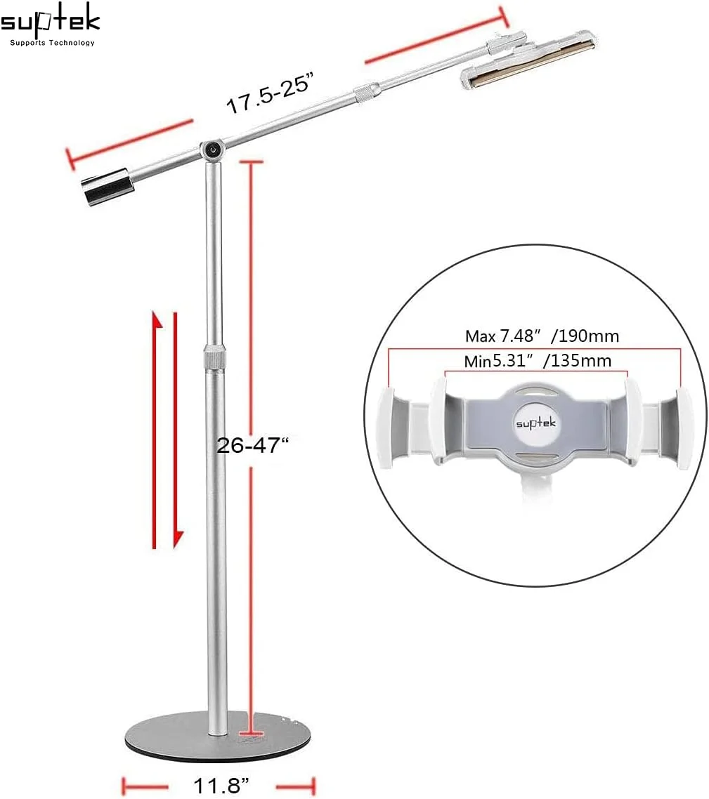 پایه نگهدارنده تبلت آلومینیومی قابل تنظیم سوپتک با قابلیت چرخش 360 درجه برای آیپد، آیفون، سامسونگ، ایسوس و سایر دستگاه های 4.7 تا 11 اینچی، مناسب برای تخت، آشپزخانه، دفتر