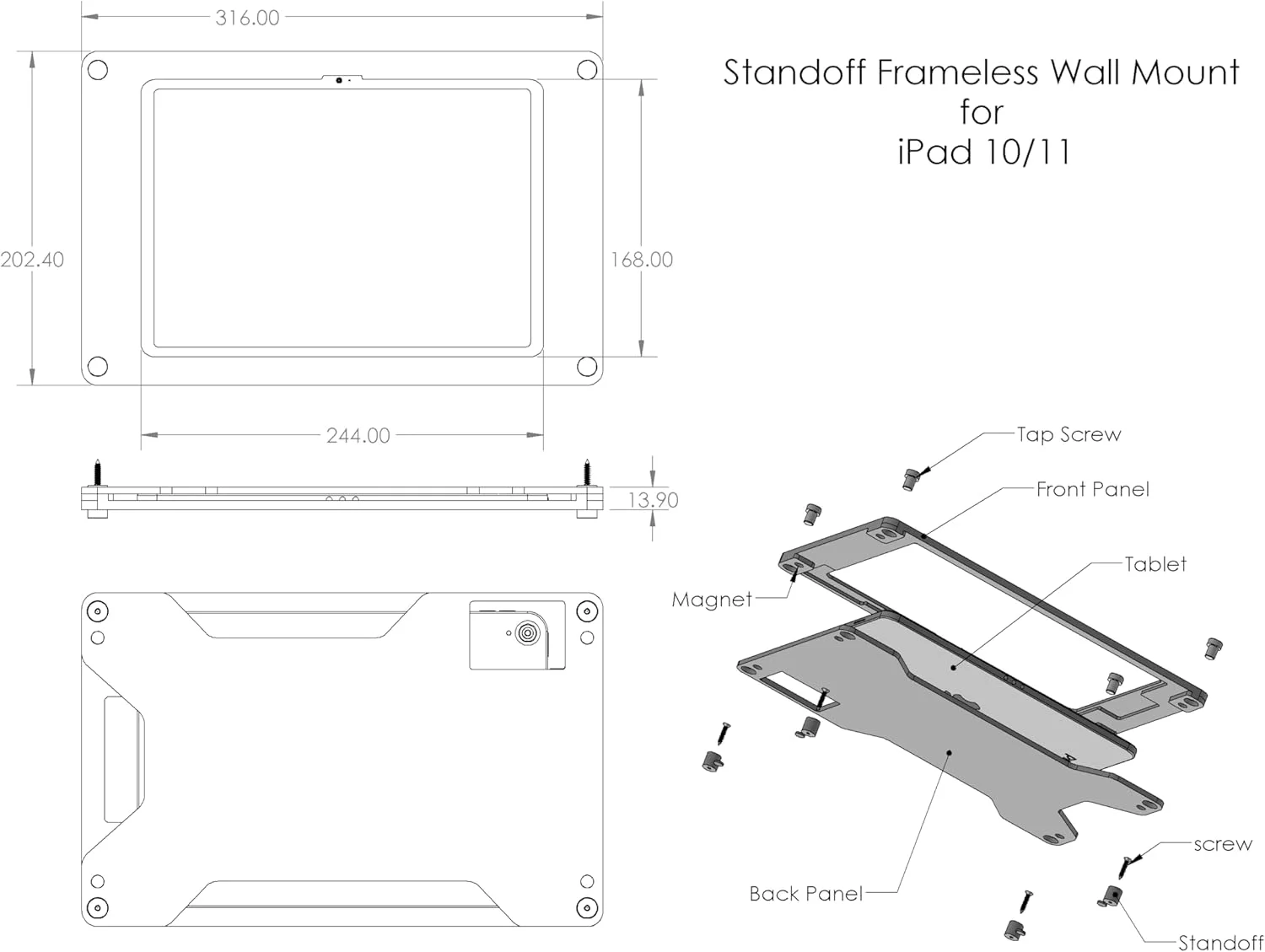 پایه دیواری آکریلیک شناور بدون قاب TABcare با بست فلزی برای تبلت آیپد 10 10.9 اینچی و 11 اینچی A16 (سفید، آیپد 10/11)