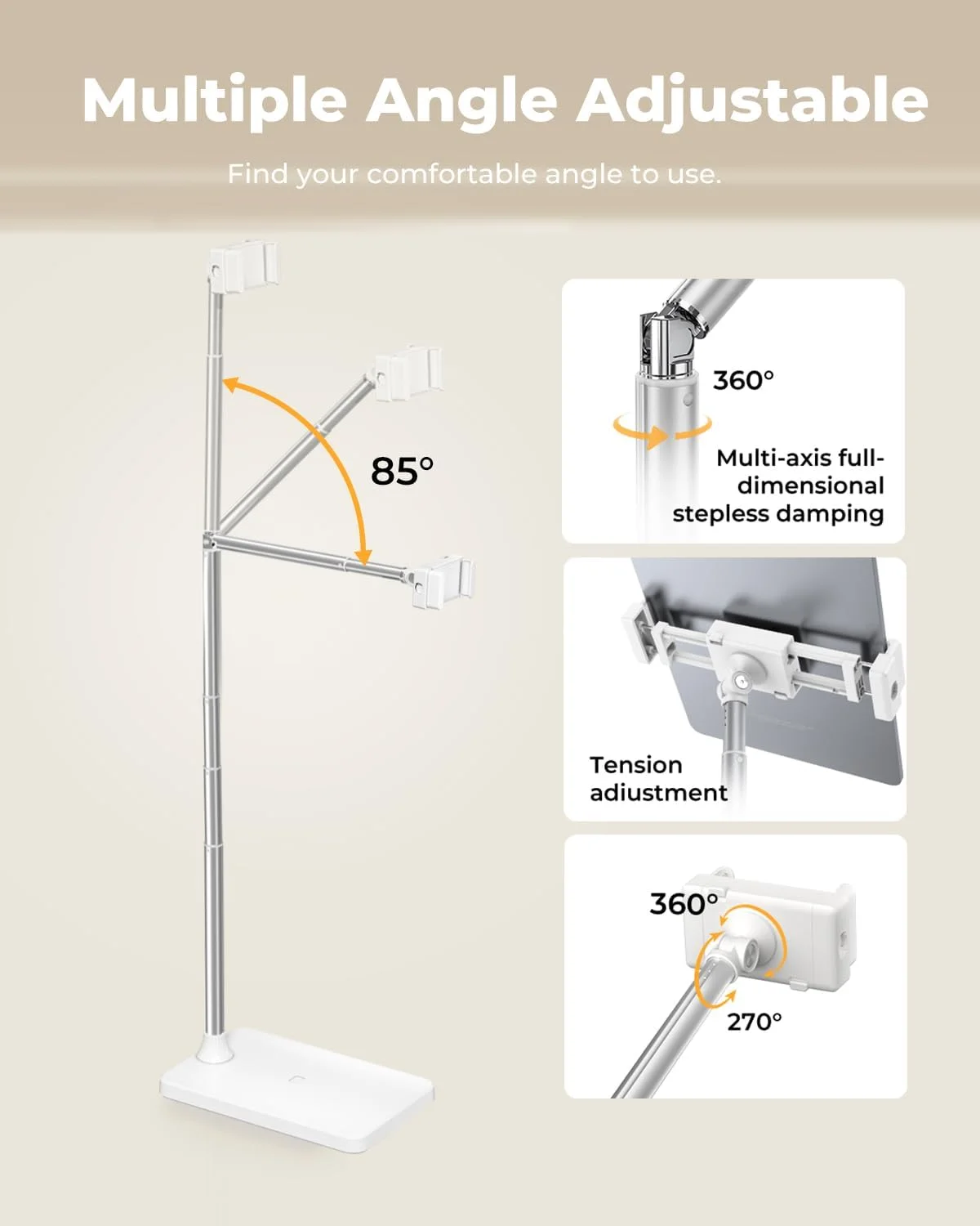 پایه نگهدارنده تبلت ایستاده با قابلیت چرخش 360 درجه و بازوی انعطاف پذیر بلند، سازگار با دستگاه های 4 تا 13 اینچی، مناسب برای کنار تخت، کنار مبل، میز و غیره (سفید)