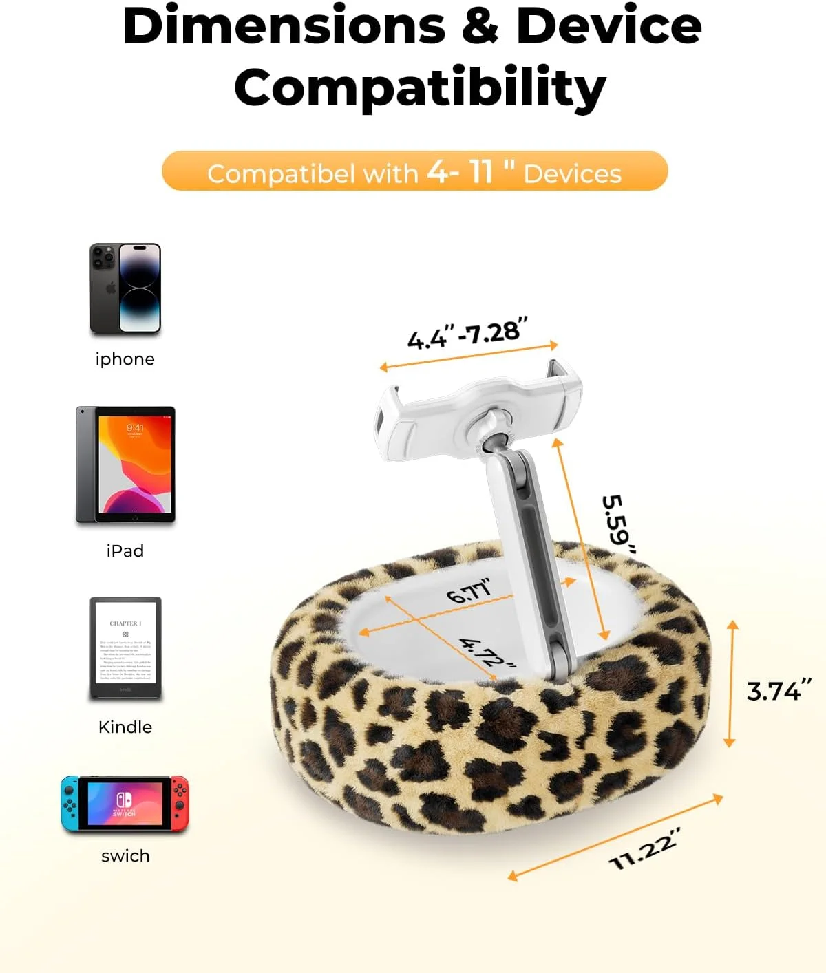 پایه نگهدارنده تبلت طرح پلنگی با جای خوراکی و لیوان - پایه نرم و بدون نیاز به دست برای تخت و مبل، سازگار با تبلت، آیپد و تلفن (پلنگی)
