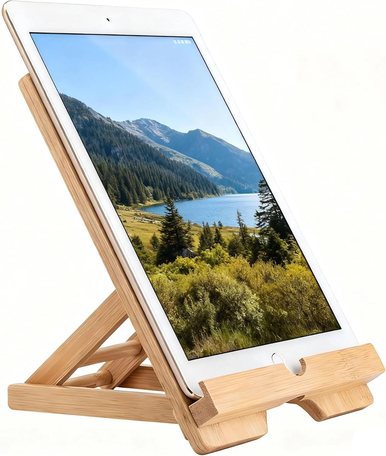 پایه تبلت و موبایل بامبو تاشو قابل تنظیم با پورت شارژ - ایده آل برای میز کار، آشپزی و استراحت پایه تبلت و موبایل بامبو تاشو قابل تنظیم با پورت شارژ - ایده آل برای میز کار، آشپزی و استراحت