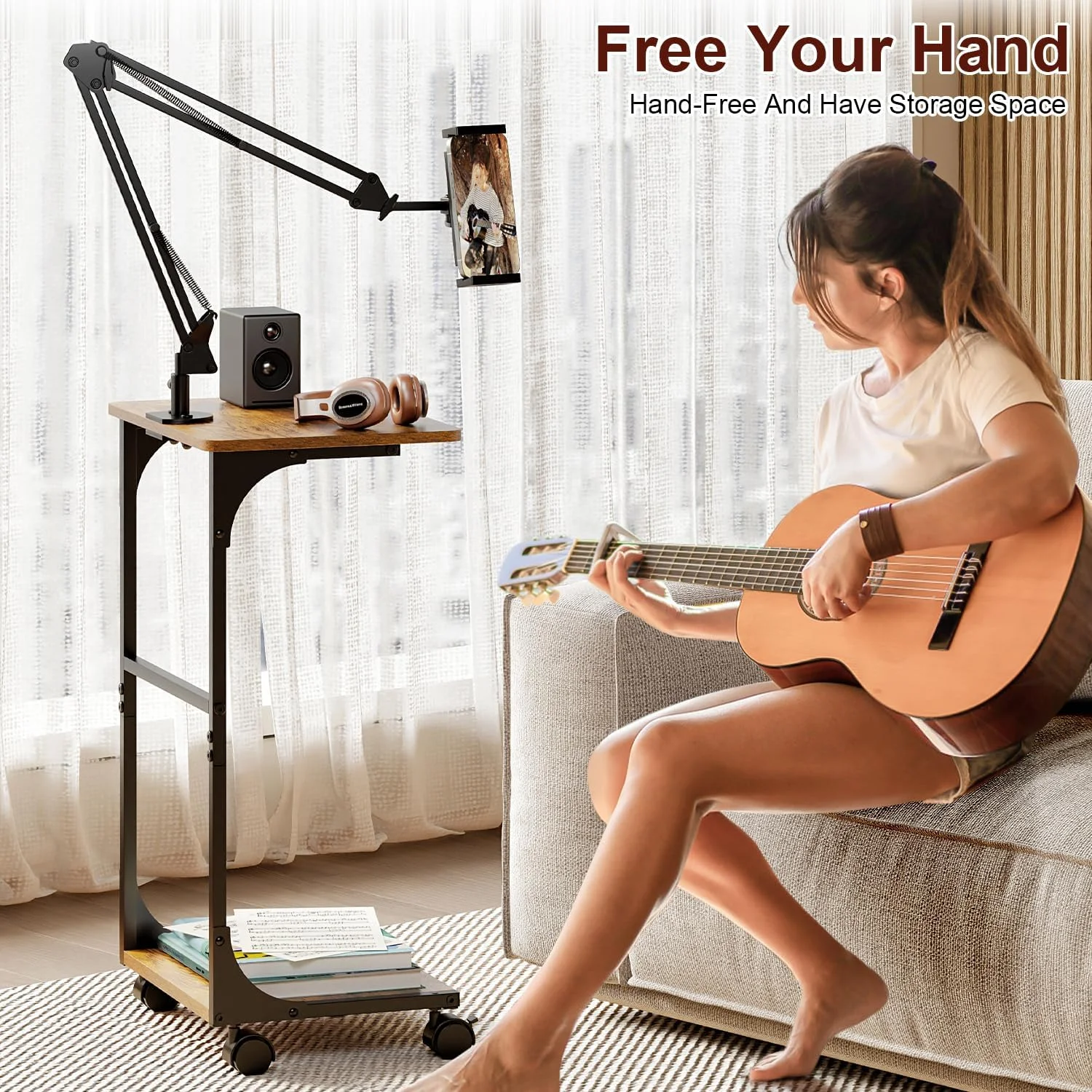 پایه تبلت و آیپد ایستاده با قفسه های ذخیره سازی 2 طبقه، نگهدارنده تبلت و آیپد با قابلیت تنظیم ارتفاع و زاویه برای تخت با چرخ های چرخان 360 درجه، سازگار با تلفن های همراه 4.7 تا 13 اینچی