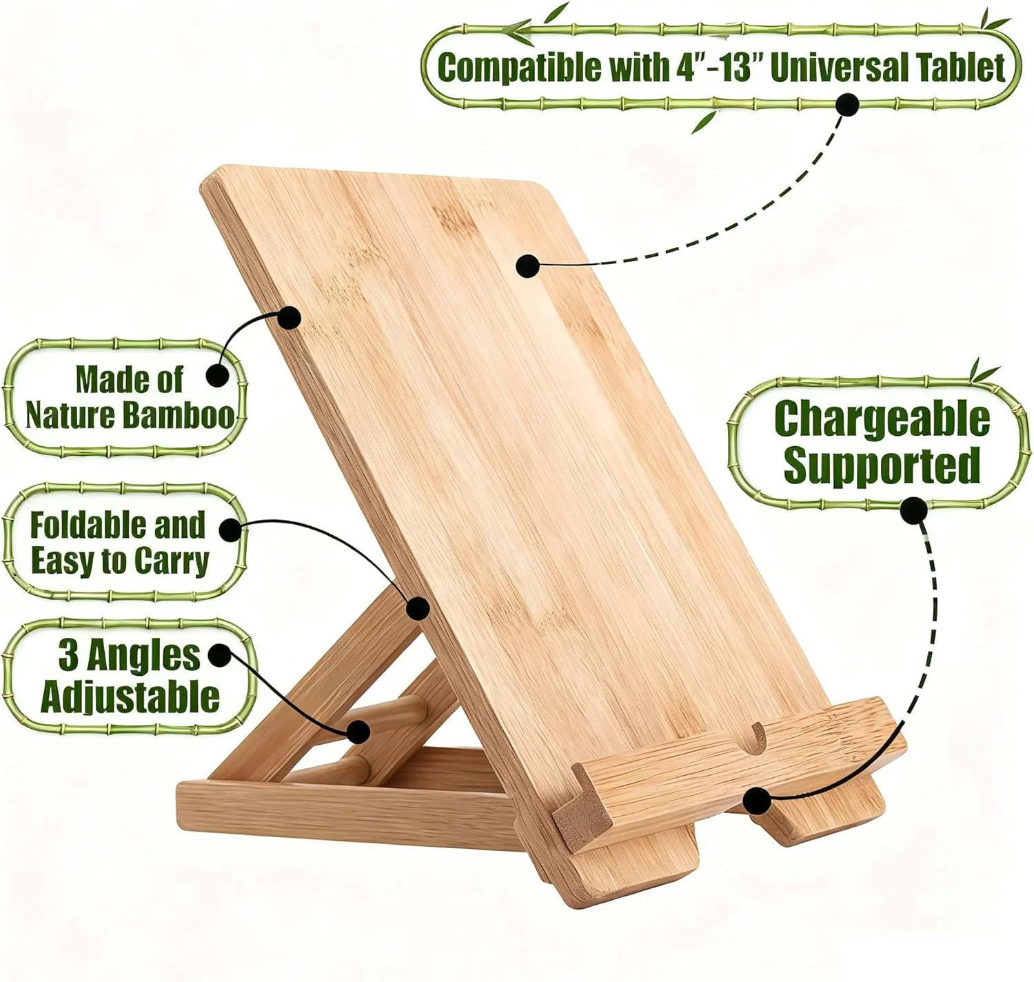 پایه تبلت و موبایل بامبو تاشو قابل تنظیم با پورت شارژ - ایده آل برای میز کار، آشپزی و استراحت