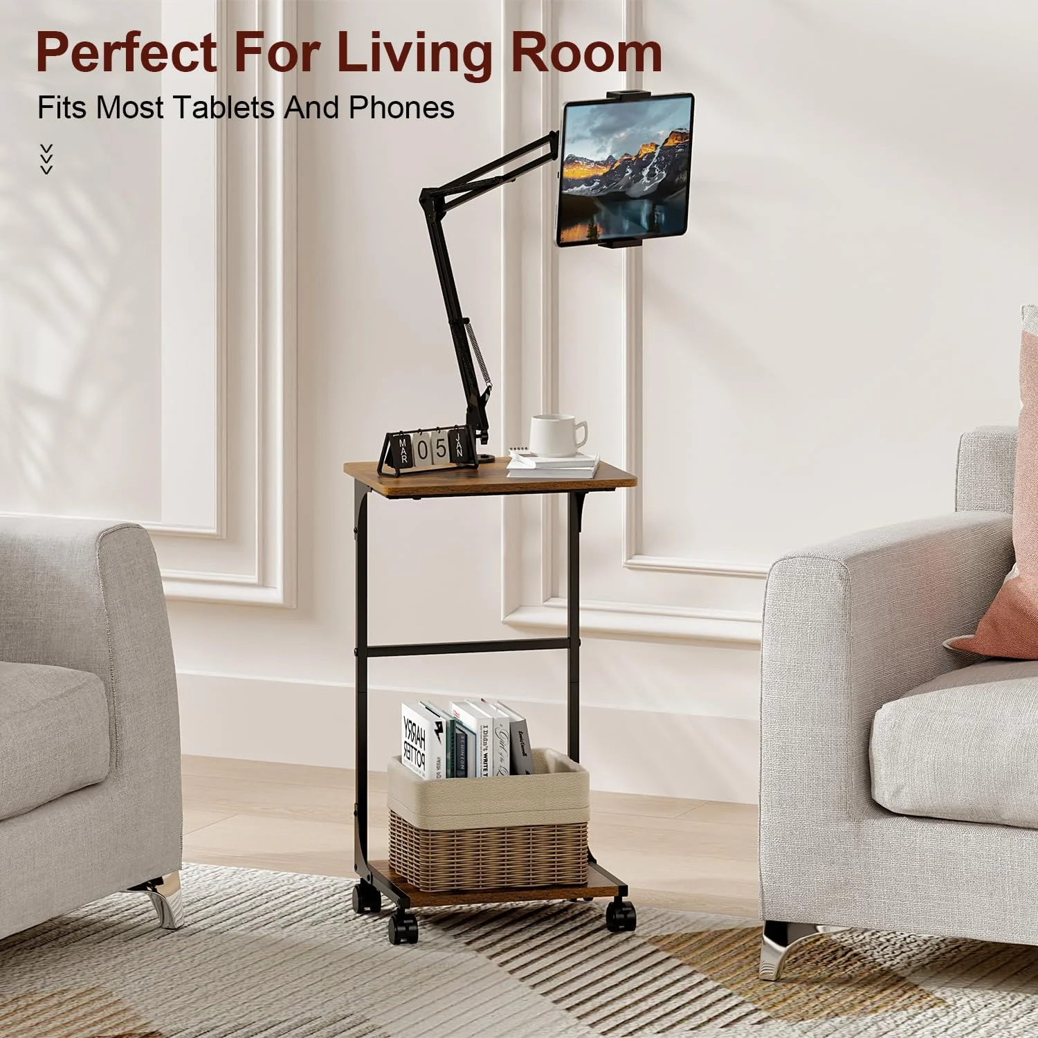 پایه تبلت و آیپد ایستاده با قفسه های ذخیره سازی 2 طبقه، نگهدارنده تبلت و آیپد با قابلیت تنظیم ارتفاع و زاویه برای تخت با چرخ های چرخان 360 درجه، سازگار با تلفن های همراه 4.7 تا 13 اینچی