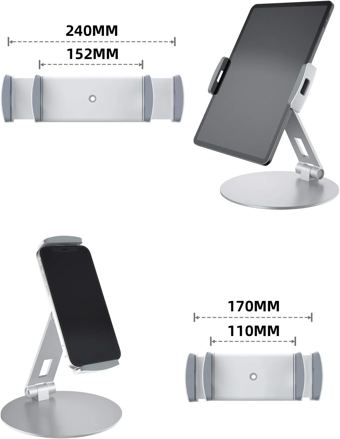 پایه تبلت Stouchi با قابلیت چرخش 360 درجه، نگهدارنده تبلت Galaxy Tab S8، پایه رومیزی قابل تنظیم برای iPad Mini 2021، Galaxy S22، کیوسک POS، Surface Pro 4، iPad Pro/Air مناسب برای تبلت و تلفن 4-14 اینچی - نقره ای