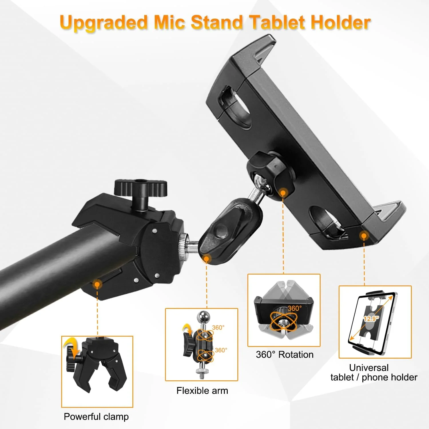 نگهدارنده تبلت برای پایه میکروفون/کالسکه/تردمیل/ویلچر/دوچرخه ثابت/دوچرخه ورزشی، پایه نگهدارنده آیپد با قابلیت چرخش 360 درجه و گیره قابل تنظیم برای تبلت ها و تلفن های هوشمند 4.7 تا 12.9 اینچی نگهدارنده تبلت برای پایه میکروفون/کالسکه/تردمیل/ویلچر/دوچرخه ثابت/دوچرخه ورزشی، پایه نگهدارنده آیپد با قابلیت چرخش 360 درجه و گیره قابل تنظیم برای تبلت ها و تلفن های هوشمند 4.7 تا 12.9 اینچی