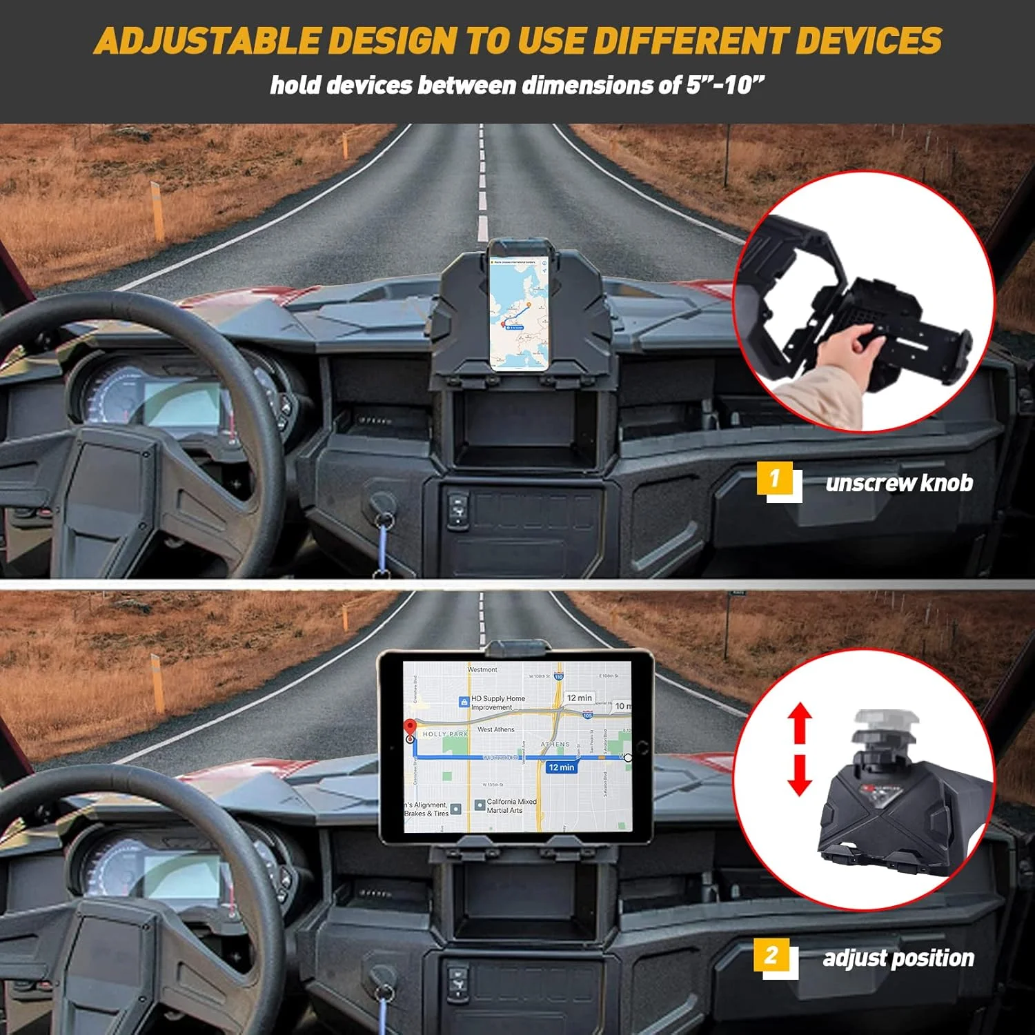 نگهدارنده تلفن همراه مدل General 1000، پایه نگهدارنده تبلت الکترونیکی و GPS برای UTV به همراه سینی سازمان دهنده جعبه ذخیره سازی لوازم جانبی Polaris General 1000 / General 4 1000 2016-2023 (مشکی)