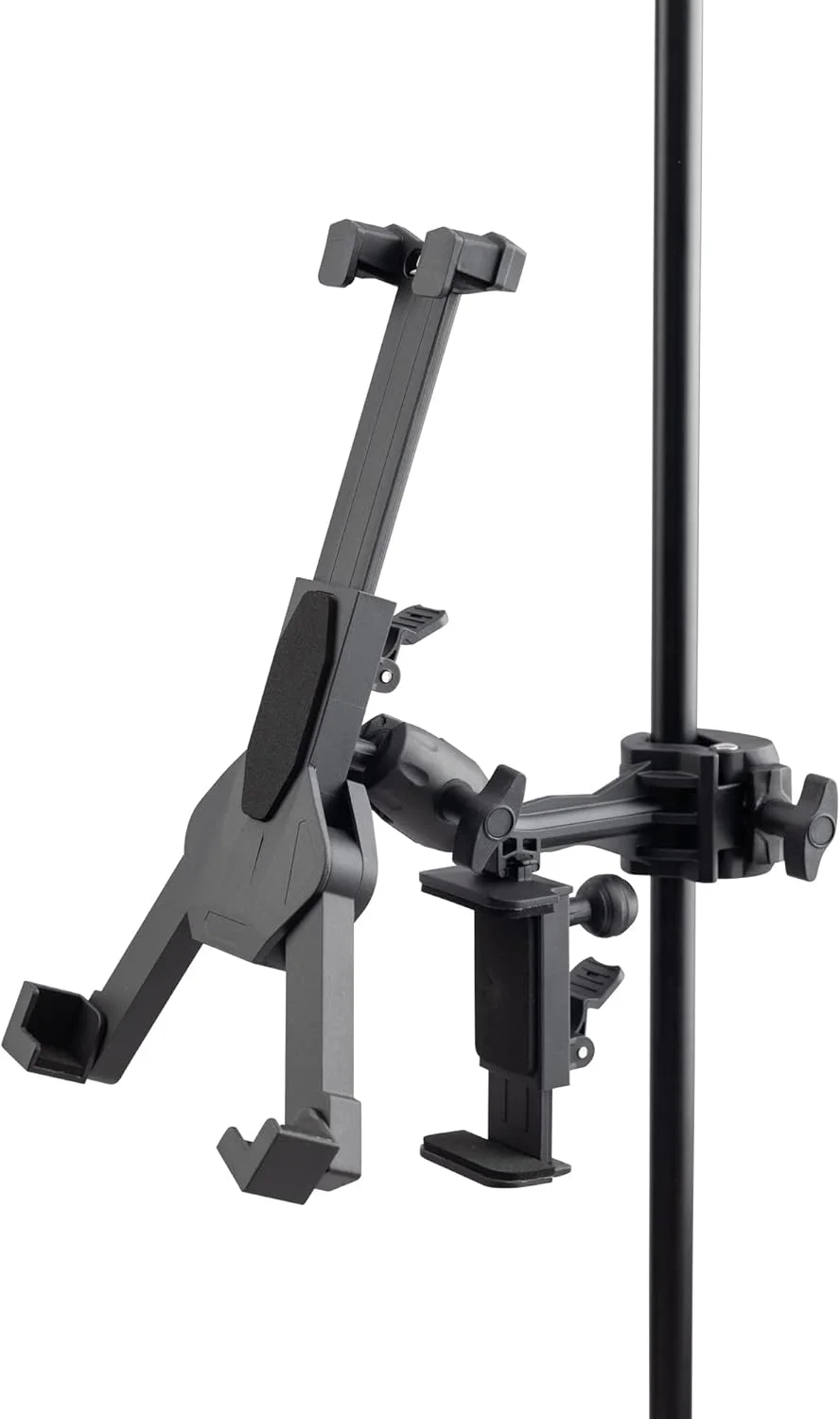 نگهدارنده تبلت/گوشی هوشمند OnStage TCM1500 (مناسب برای تبلت ها، کامپیوترها، کتابخوان های الکترونیکی، گوشی های هوشمند و فبلت ها، دارای گیره، پد ضد لغزش، زاویه و چرخش قابل تنظیم، نگهدارنده باتری خارجی)