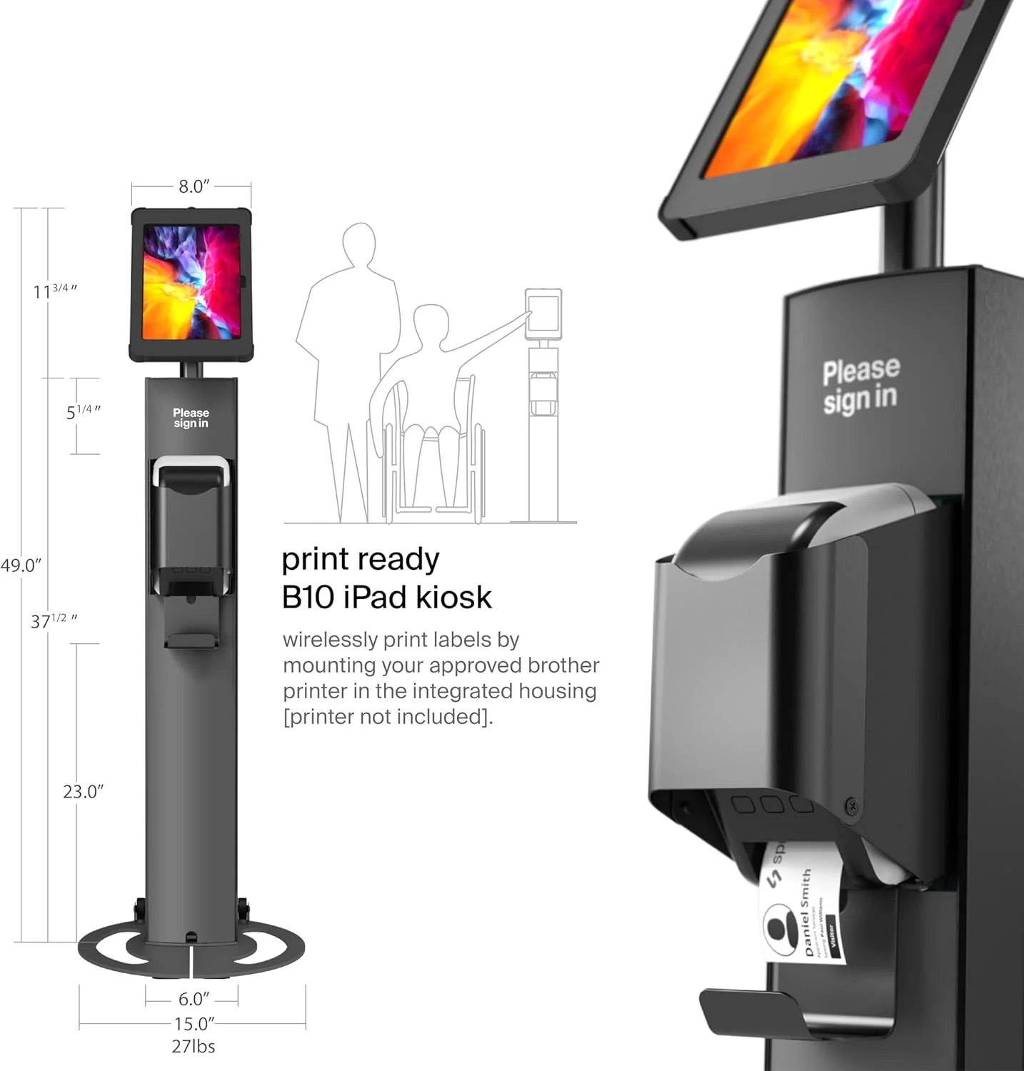 کیوسک چاپگر برچسب و نشان اسپراکت - پایه کیوسک حرفه ای آیپد با ادغام چاپگر برادر QL - پایه ضد سرقت تبلت برای نشان های بازدیدکنندگان و ورود، آیپد 11 اینچی (A16)