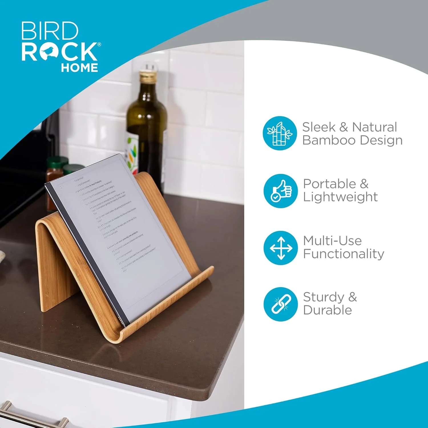 پایه نگهدارنده تبلت و کتاب بامبو صوفیا + سام - چوب طبیعی - مناسب کتابخوان های الکترونیکی، تلفن های هوشمند - نظم دهنده رومیزی آشپزخانه - پایه قابل حمل برای کتاب ها، کتاب های آشپزی و دستگاه ها