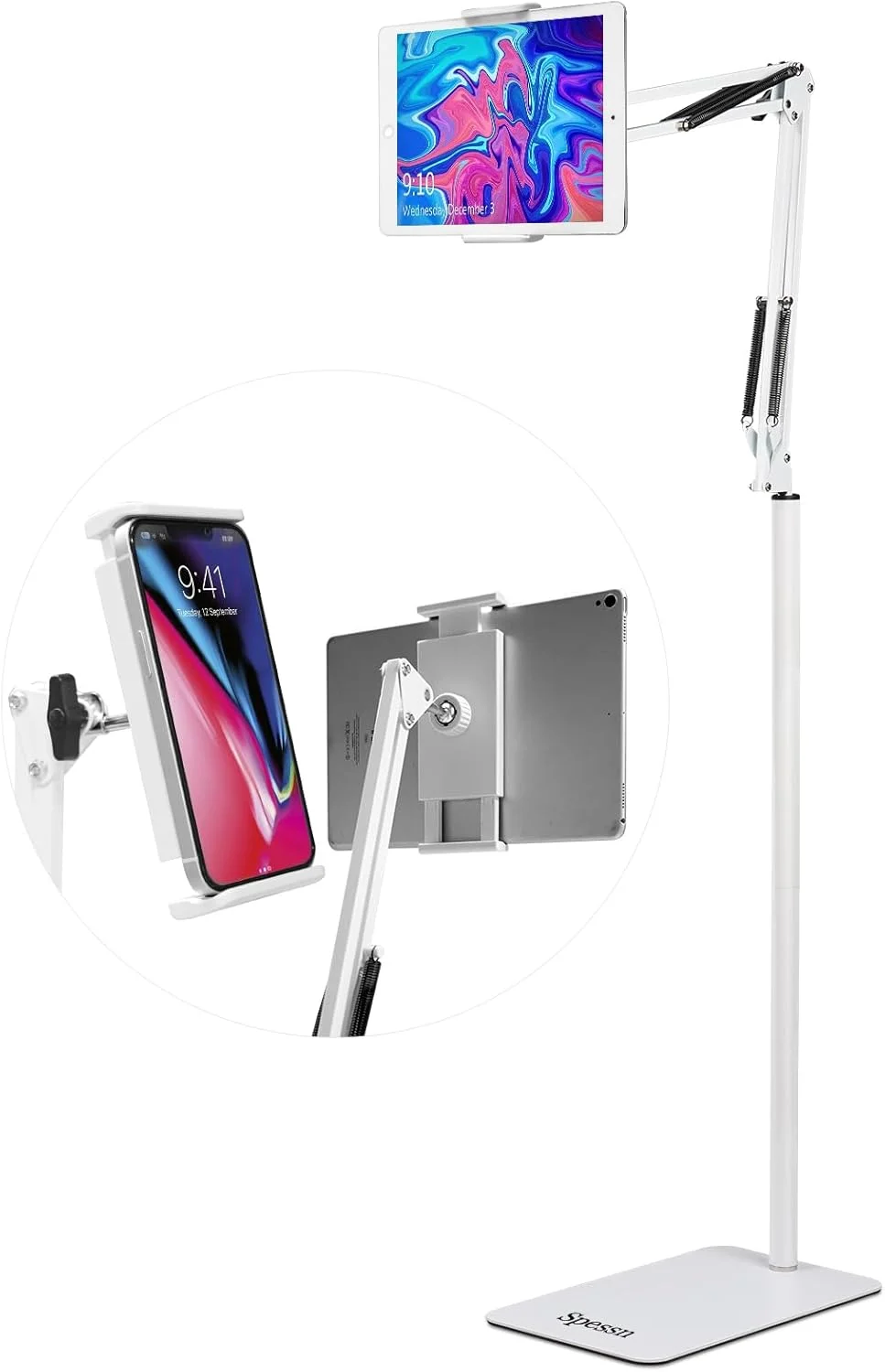 پایه نگهدارنده تبلت و گوشی قابل تنظیم، چرخش 360 درجه، فلزی، سازگار با آیپد/آیفون/آیپد پرو (صفحه نمایش 4.5 تا 12.9 اینچ) برای کیندل، گوشی (سفید)