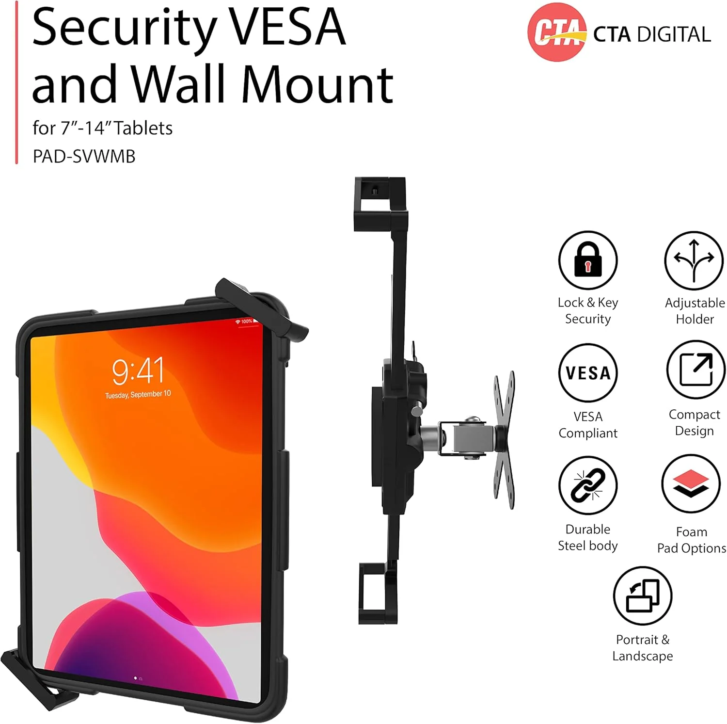 پایه دیواری امنیتی – پایه VESA و دیواری CTA Security برای آیپد نسل دهم 10.9 اینچی - آیپد نسل 7/8/9 10.2 اینچی - آیپد پرو 11 اینچی - آیپد مینی - سرفیس پرو 8 - سرفیس گو 3 - گلکسی تب A 10.1 اینچی - مشکی (PAD-SVWMB) پایه دیواری امنیتی – پایه VESA و دیواری CTA Security برای آیپد نسل دهم 10.9 اینچی - آیپد نسل 7/8/9 10.2 اینچی - آیپد پرو 11 اینچی - آیپد مینی - سرفیس پرو 8 - سرفیس گو 3 - گلکسی تب A 10.1 اینچی - مشکی (PAD-SVWMB)