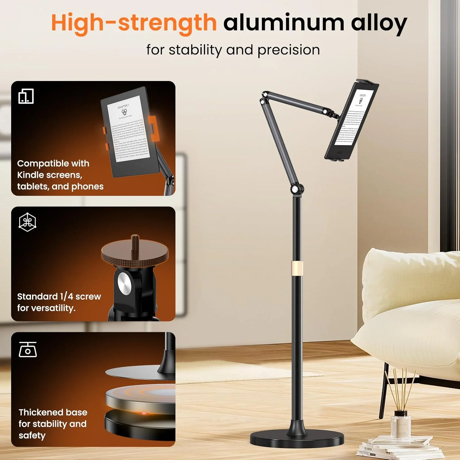 پایه نگهدارنده قابل تنظیم کیندل SH برای مطالعه در تخت، نگهدارنده تبلت بازویی سازگار با پیپروایت، اواسیس و پایه مانیتور قابل حمل 17.3 اینچی