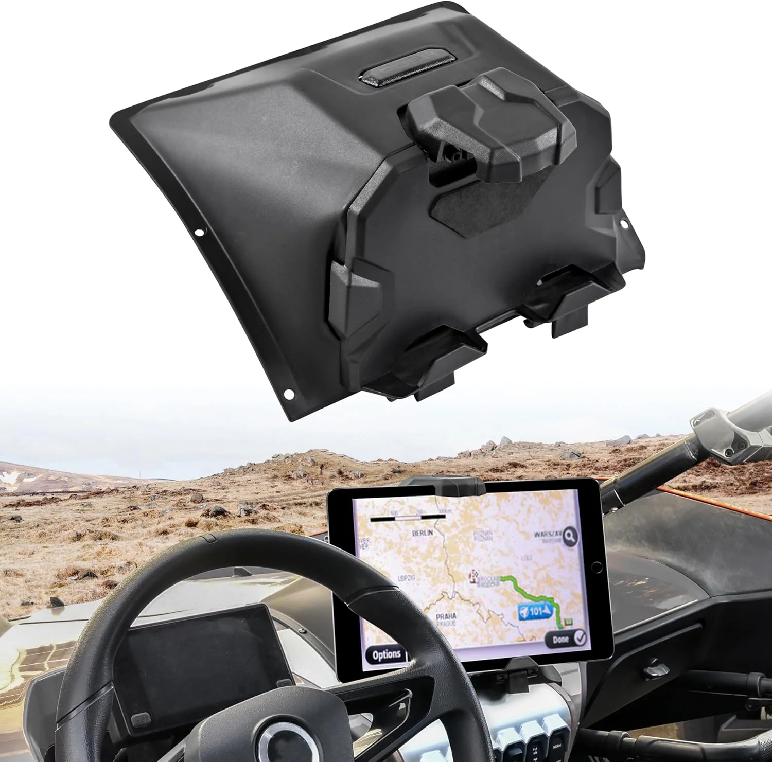 نگهدارنده تبلت و تلفن SAUTVS برای CFMOTO ZFORCE 950 مدل 20-24، پایه نگهدارنده دستگاه الکترونیکی قابل تنظیم GPS با جعبه ذخیره سازی برای لوازم جانبی CFMOTO ZForce 950 HO EX Sport 2020-2024