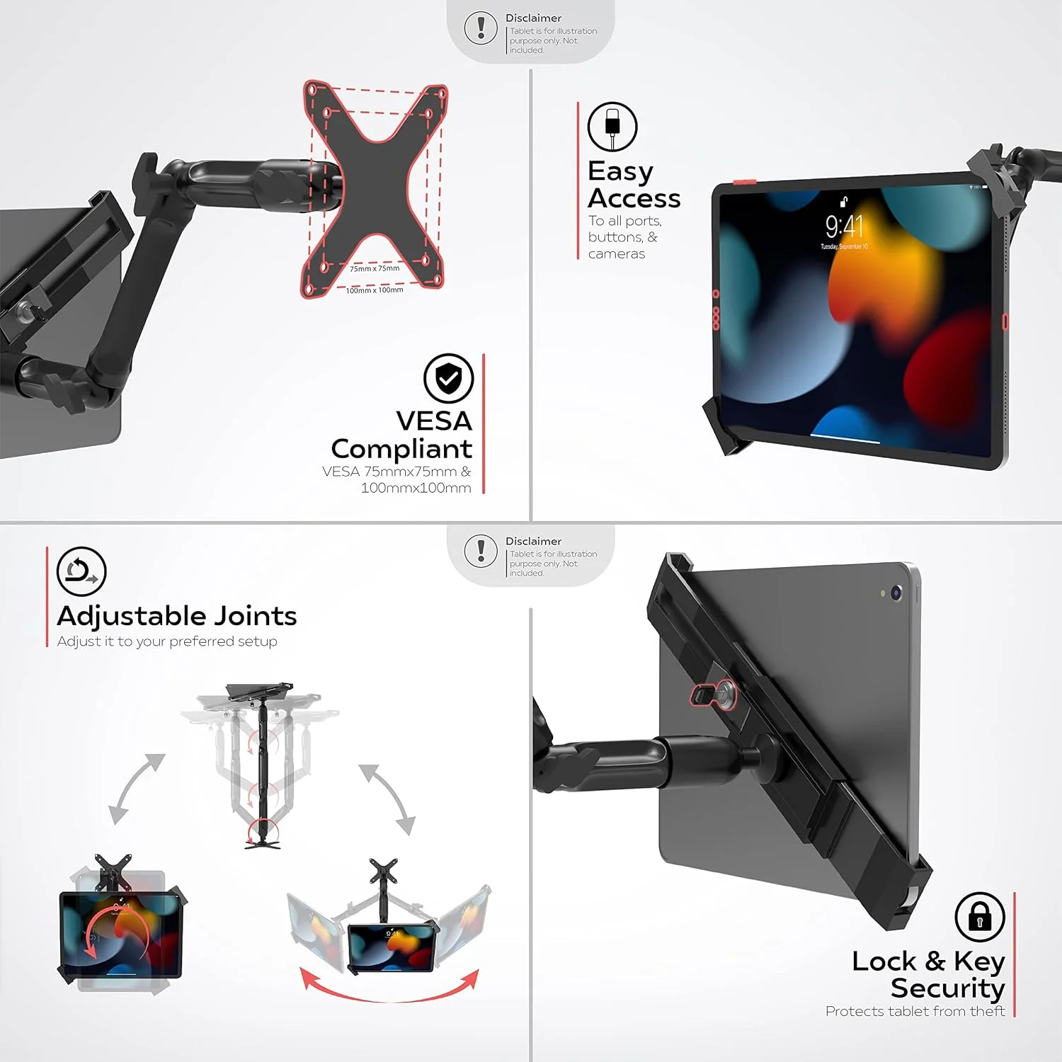 پایه دیواری امنیتی انعطاف پذیر قابل تنظیم CTA برای آیپد نسل دهم 10.9 اینچی - آیپد نسل 7/8/9 10.2 اینچی - آیپد ایر 4 - آیپد مینی 5 - آیپد پرو 11-12.9 اینچی - گلکسی تب S3 9.7 اینچی و بیشتر - مشکی (PAD-CFWMS)