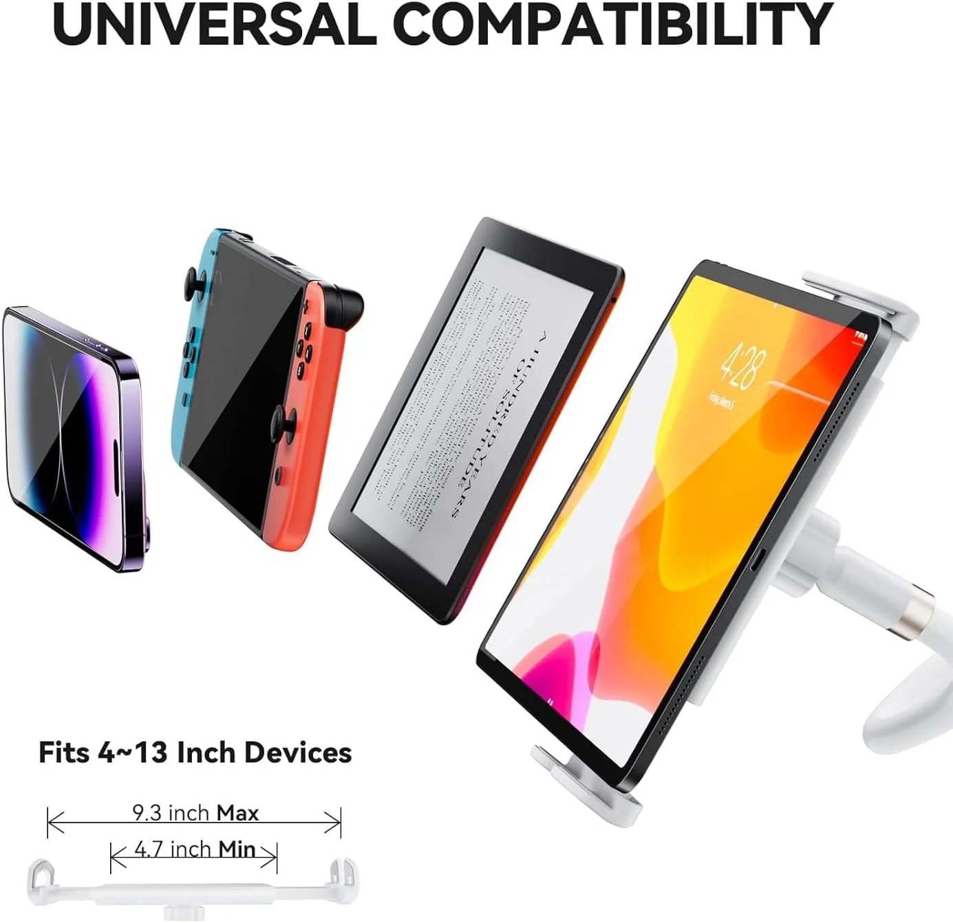 پایه نگهدارنده تبلت گردن غازی: گیره بازوی انعطاف پذیر سازگار با آیپد مینی پرو ایر، کیندل، سوییچ، گلکسی تب و سایر دستگاه های 4.7-11 اینچی - (سفید)